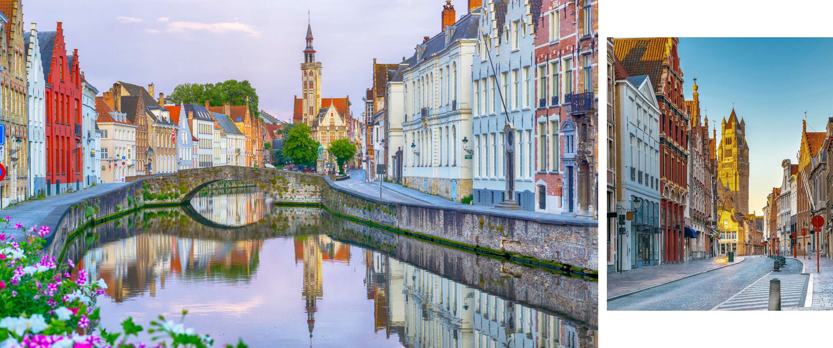 Canal bordé de façades historiques avec un pont en pierre et une tour à l’arrière-plan.