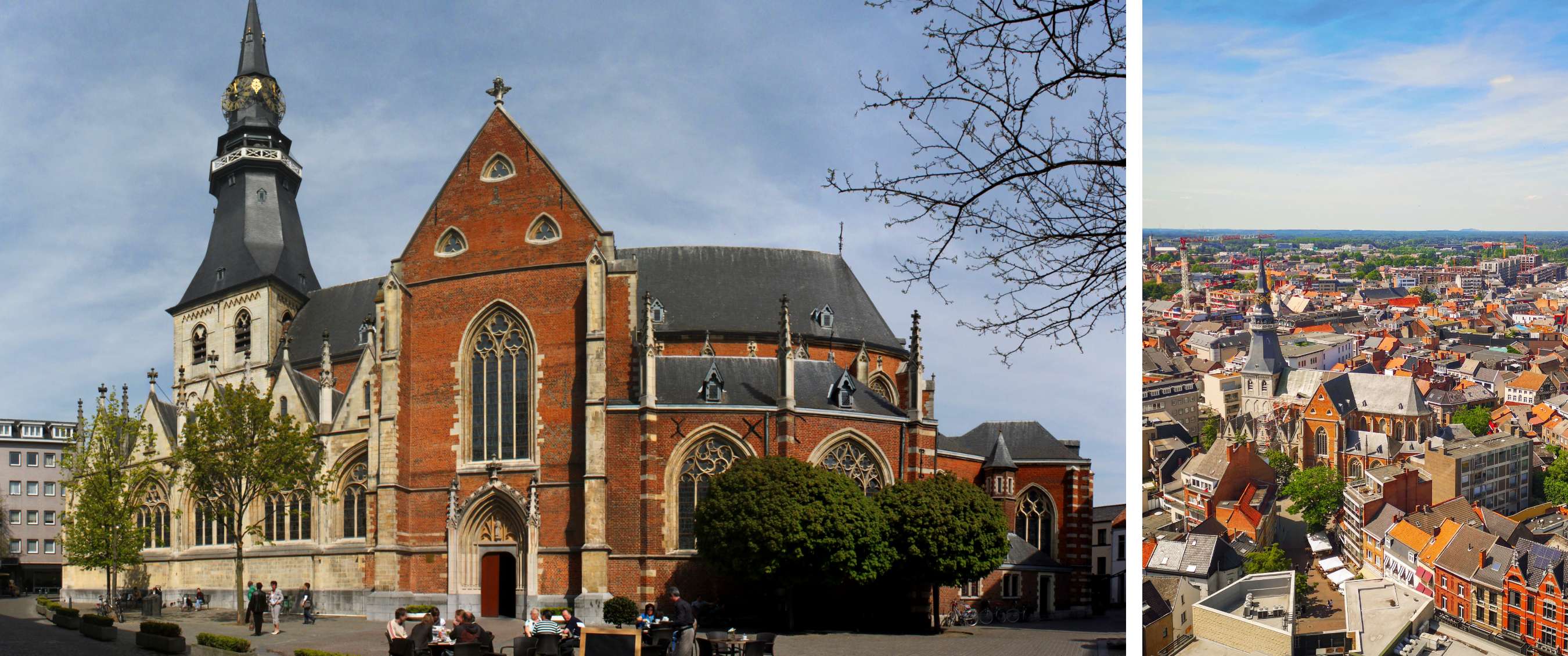 Église en briques avec clocher et terrasse extérieure sous un ciel bleu clair.
