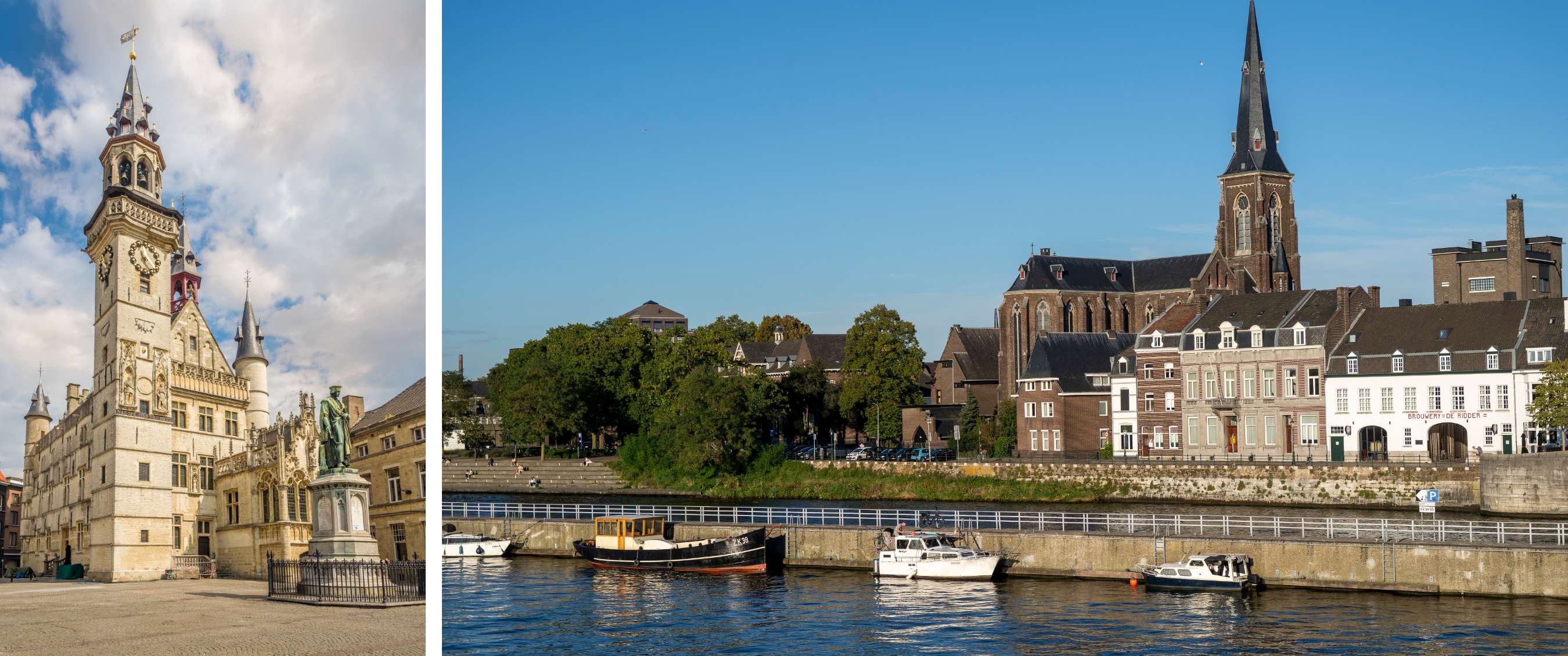 Église à haute flèche et bâtiments historiques au bord d’une rivière avec des bateaux amarrés.