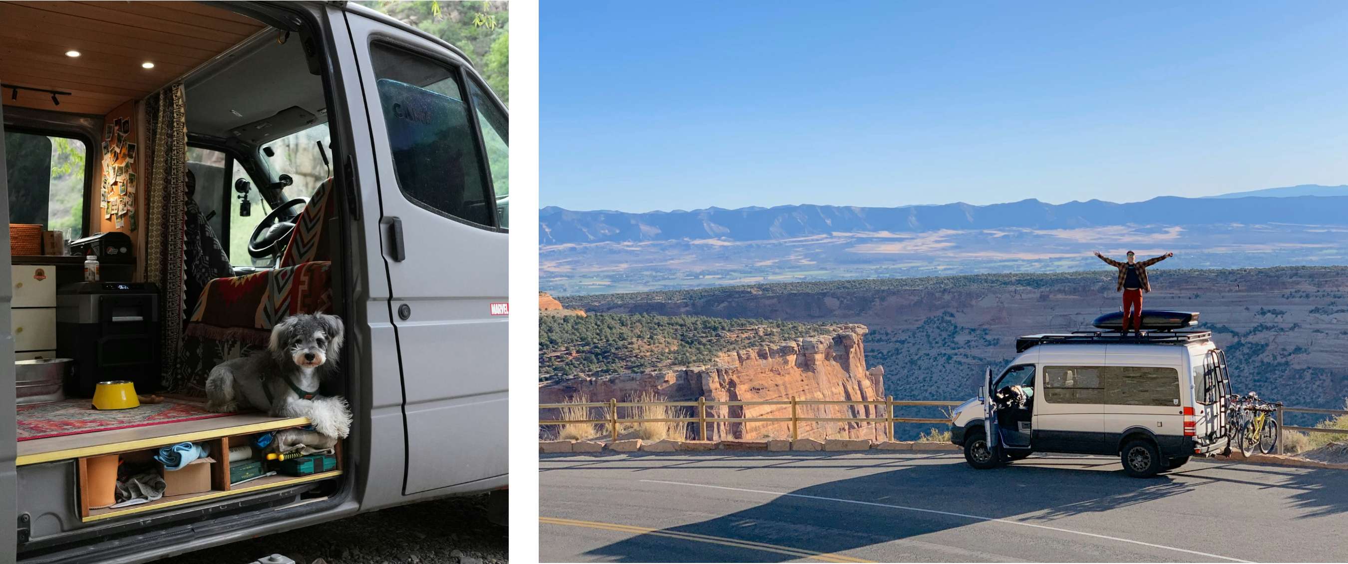 Twee beelden: hond op de instap van een camper; persoon op camperdak boven een canyon.
