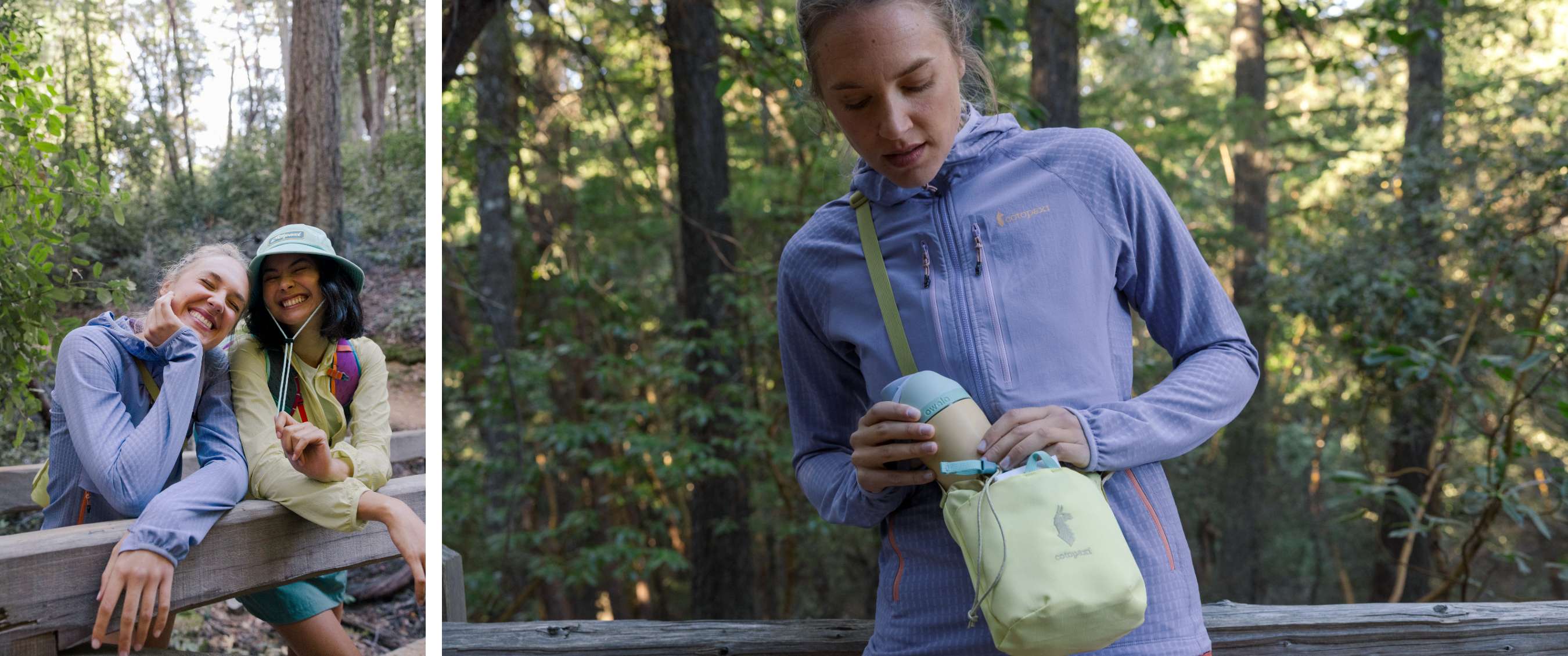Deux images : randonneuses en vestes outdoor et personne avec sac banane et gourde.