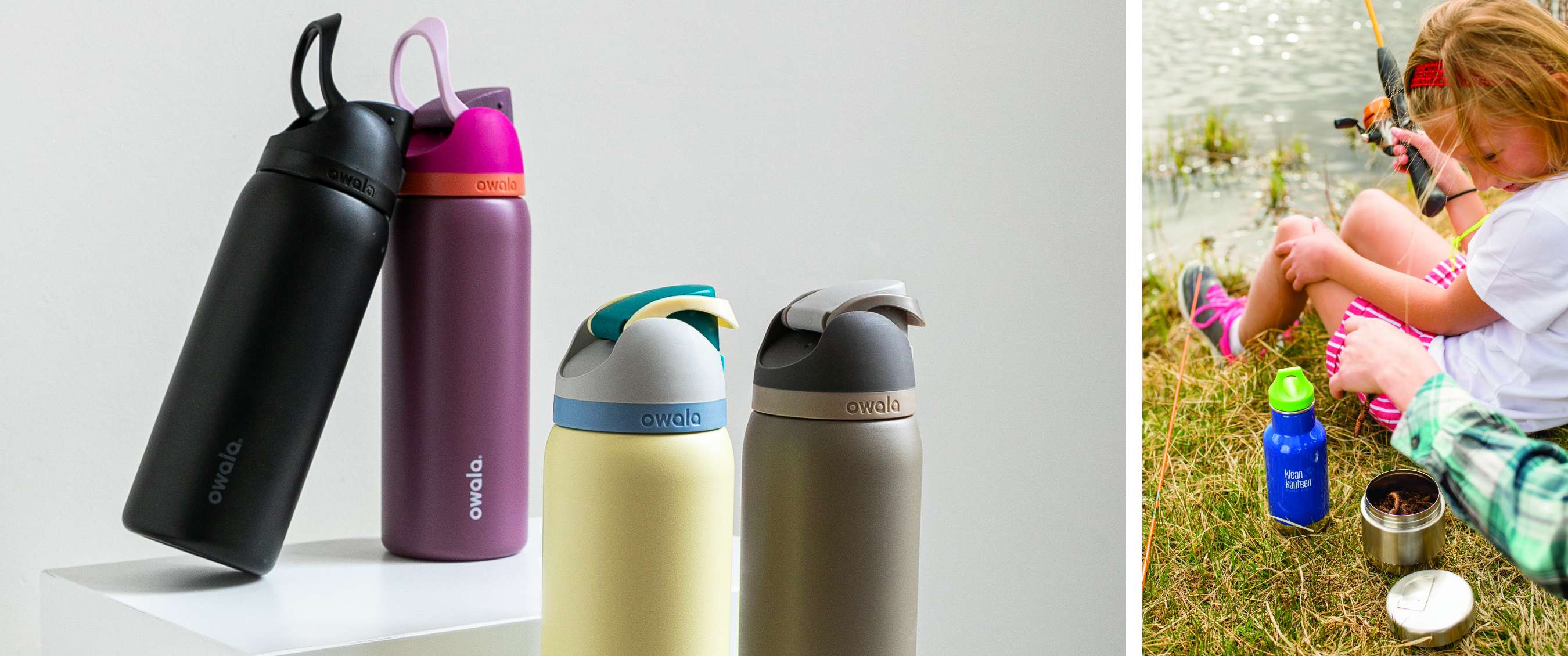Twee beelden: Owala-drinkflessen op witte treden en kind bij water met blauwe Klean Kanteen-fles.
