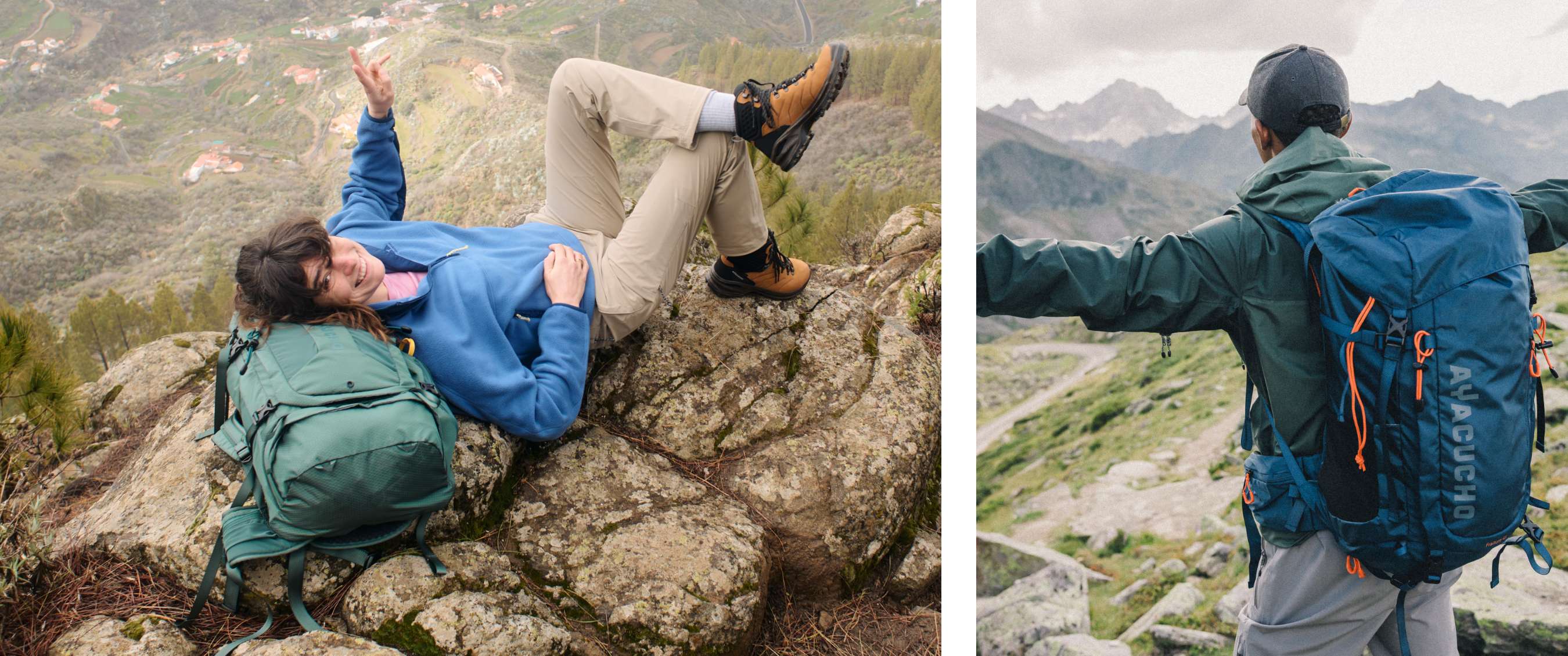 Deux images : femme allongée sur des rochers à côté d’un sac à dos vert ; randonneur avec sac à dos bleu face aux montagnes