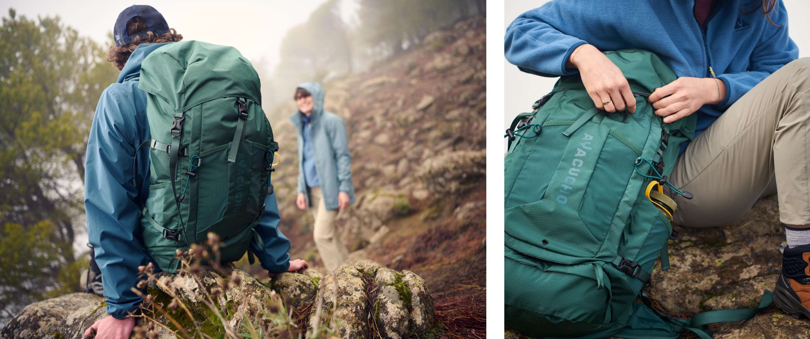 Deux images : randonneur avec sac à dos vert dans un paysage montagneux brumeux ; détail d’un sac à dos vert avec fermetures