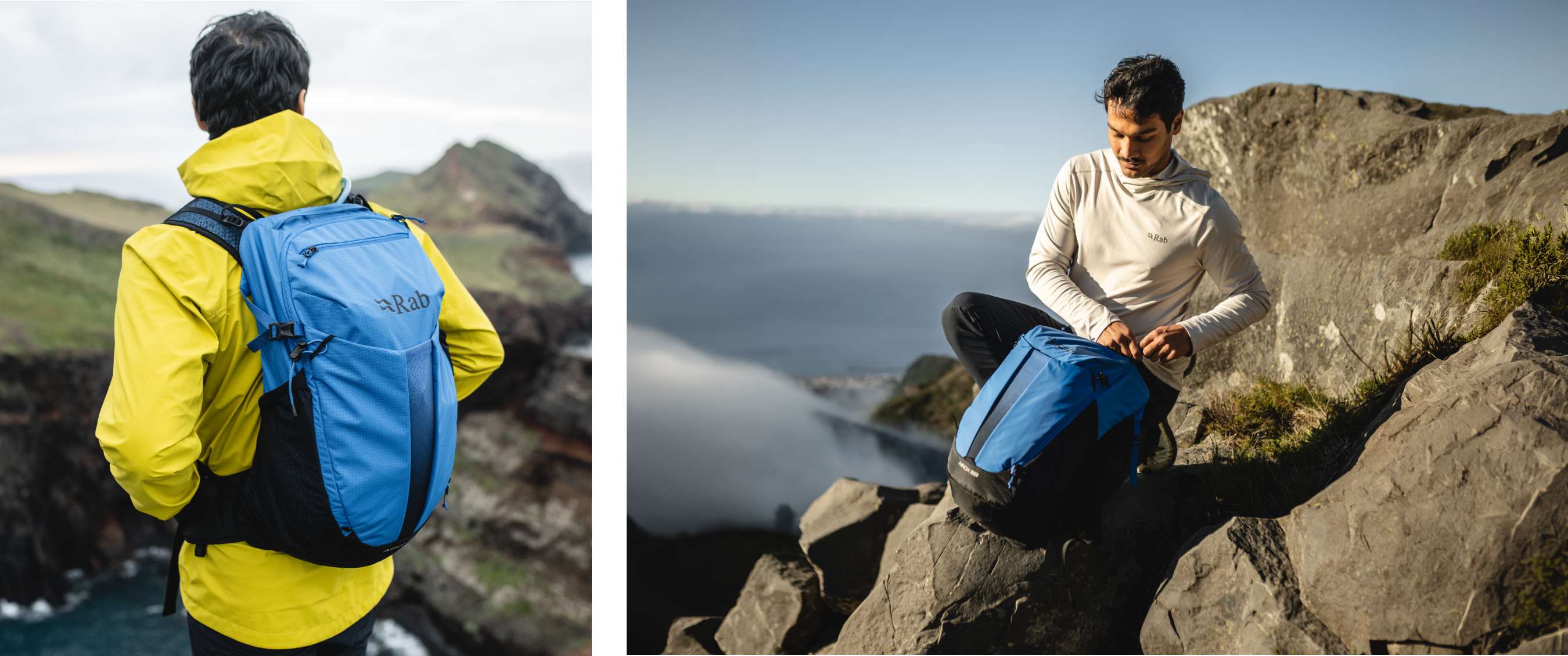 Deux images : sac à dos Rab sur le dos d’un randonneur au bord de la côte ; homme avec sac bleu sur un point de vue rocheux