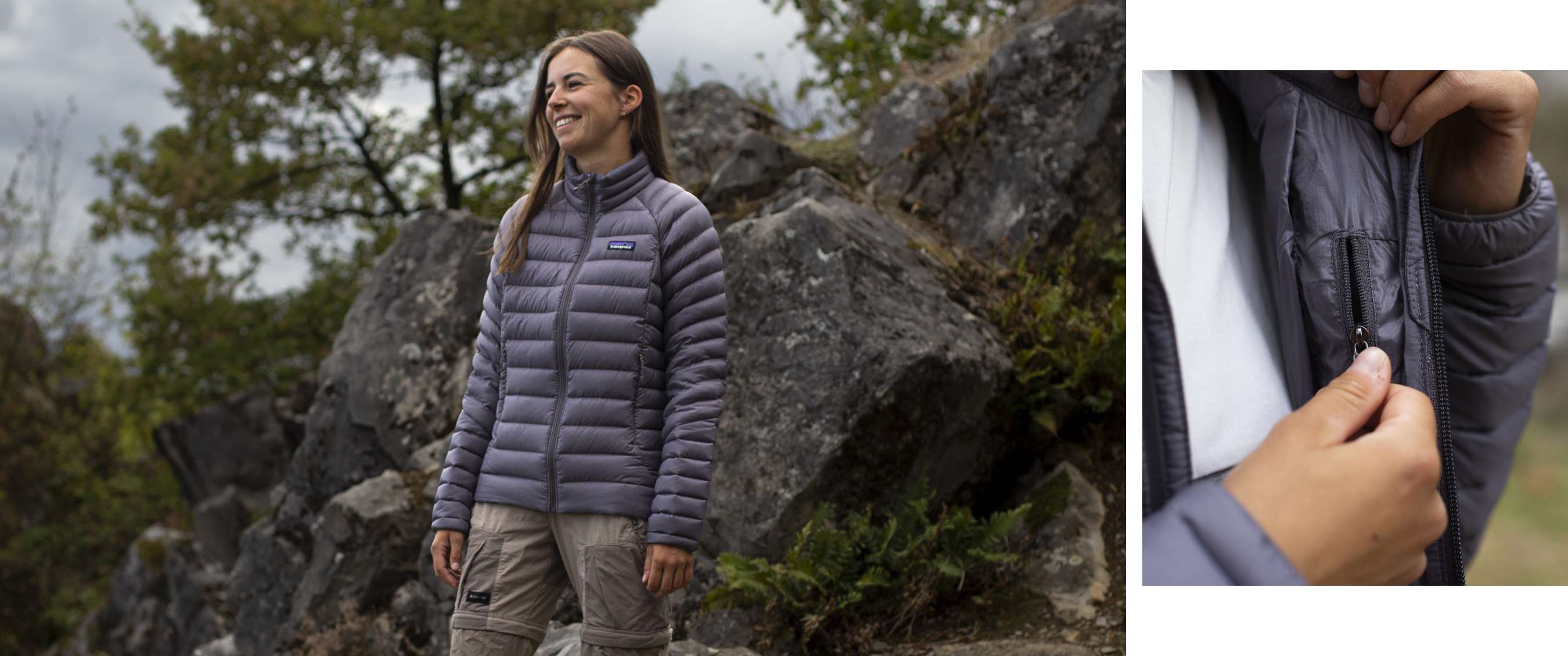 Persoon draagt een grijze gewatteerde Patagonia-jas en beige wandelbroek tussen grote rotsen.