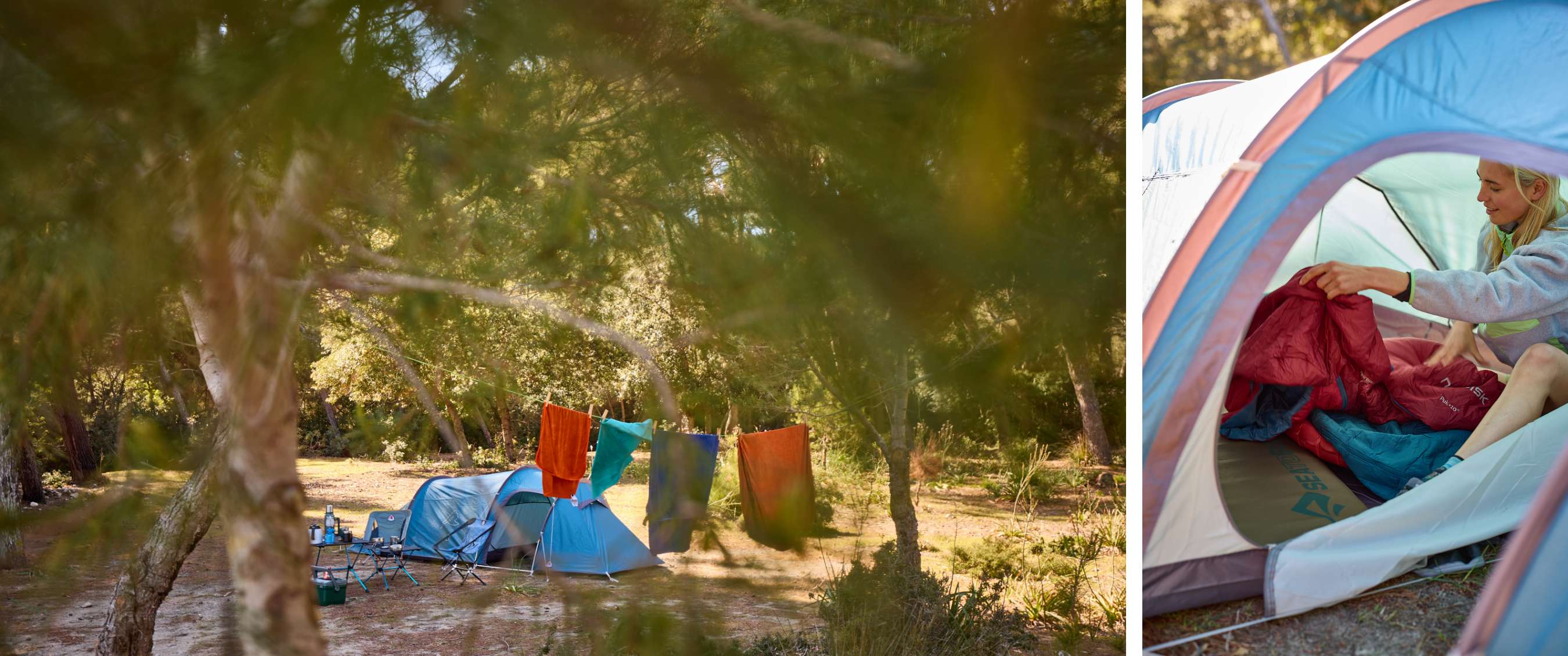 Deux images : tentes bleues entre les arbres avec corde à linge ; personne range un sac de couchage.