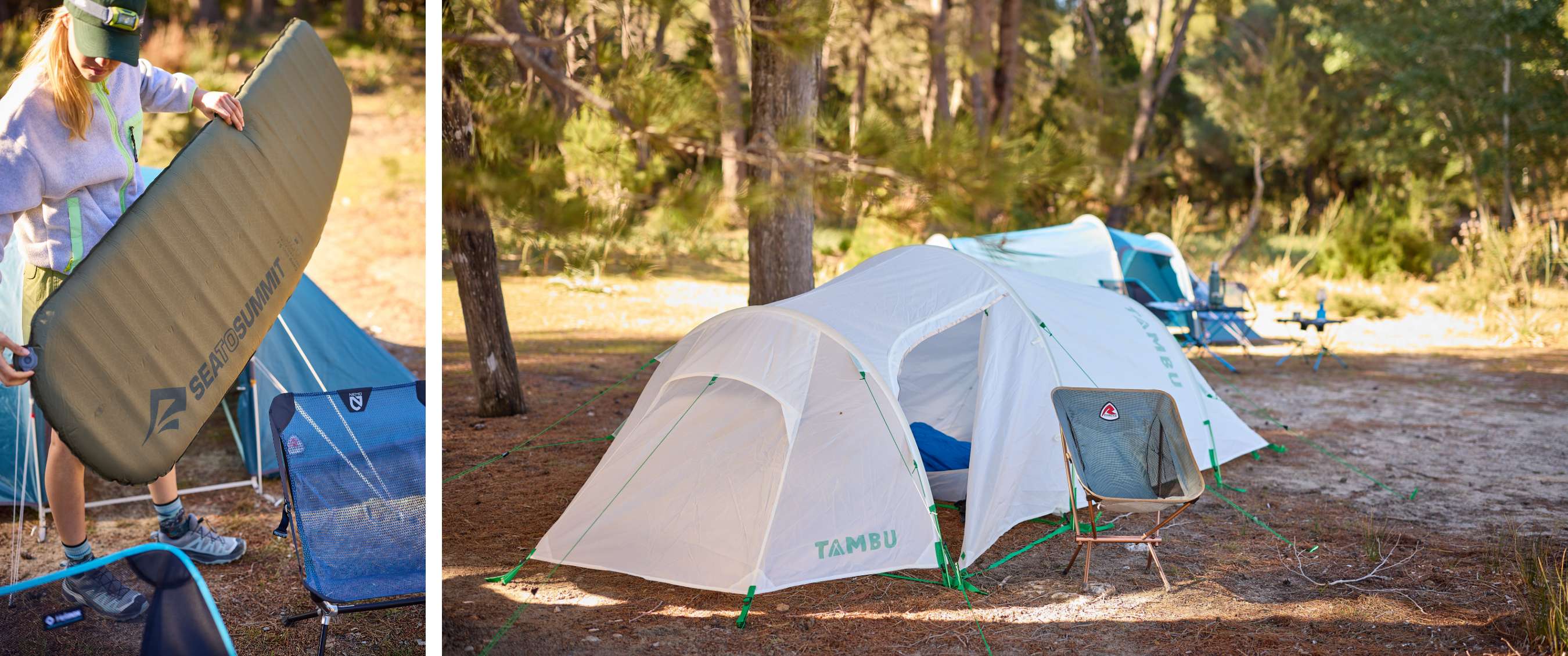Deux images : personne gonflant un matelas Sea to Summit ; tente blanche TAMBU au camping.