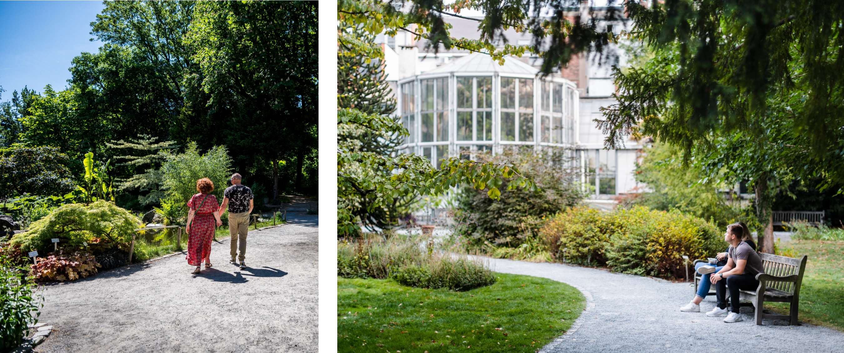 Deux images : Promeneurs le long d’un étang en parc urbain ; visiteurs sur un banc avec serre vitrée en arrière-plan.