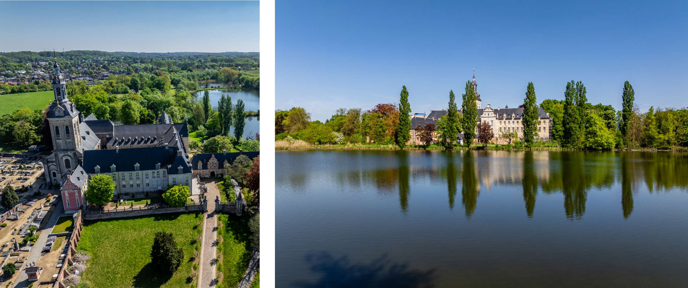 Deux images : Vue aérienne d’une abbaye et d’une église près d’un étang dans un paysage verdoyant près de Louvain ; abbaye reflétée dans le lac.