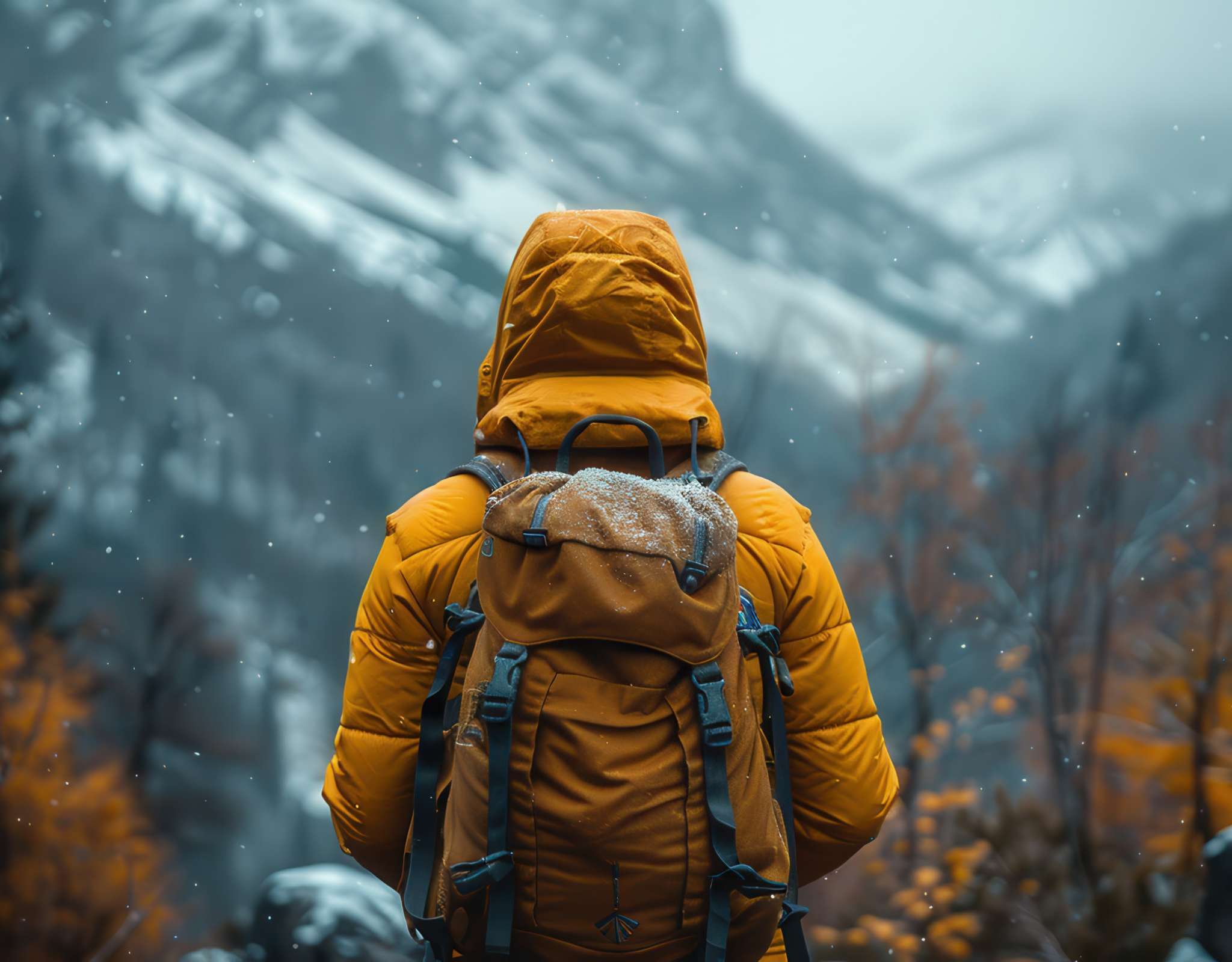 Personne portant une veste d’hiver orange et un sac à dos, vue de dos, dans un paysage montagneux enneigé.