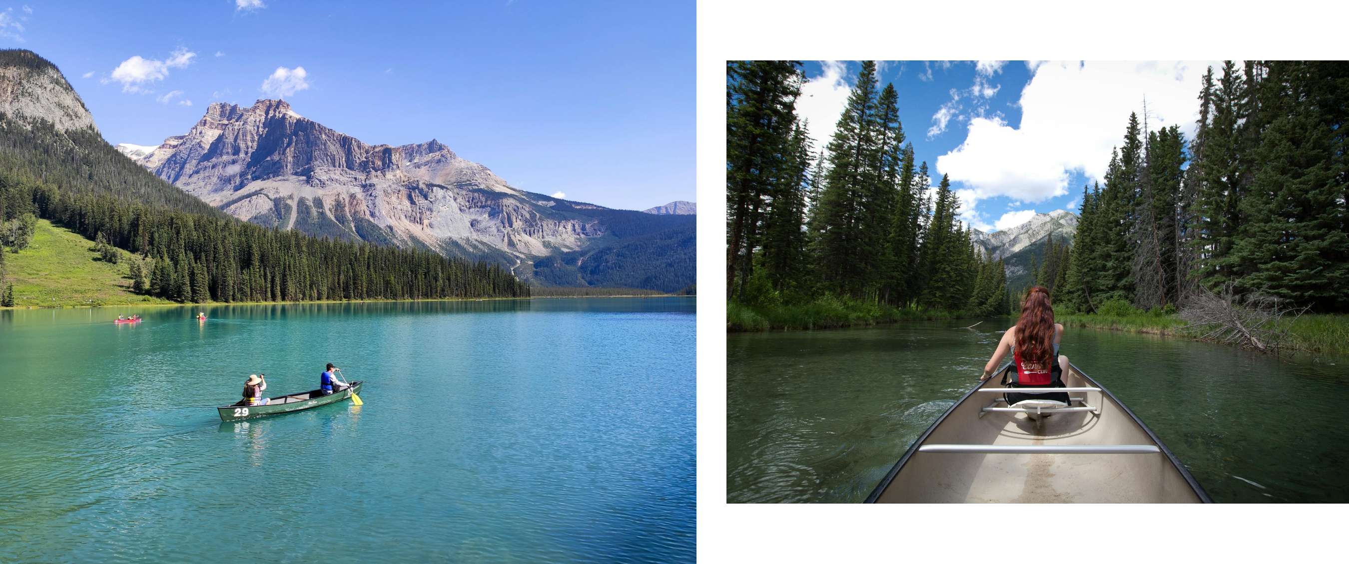 Photo de gauche <Deux personnes font du canoë sur un lac de montagne bleu, avec de hauts rochers en arrière-plan.>; Photo de droite <Une femme aux longs cheveux roux pagaie sur une rivière étroite entourée de pins.>