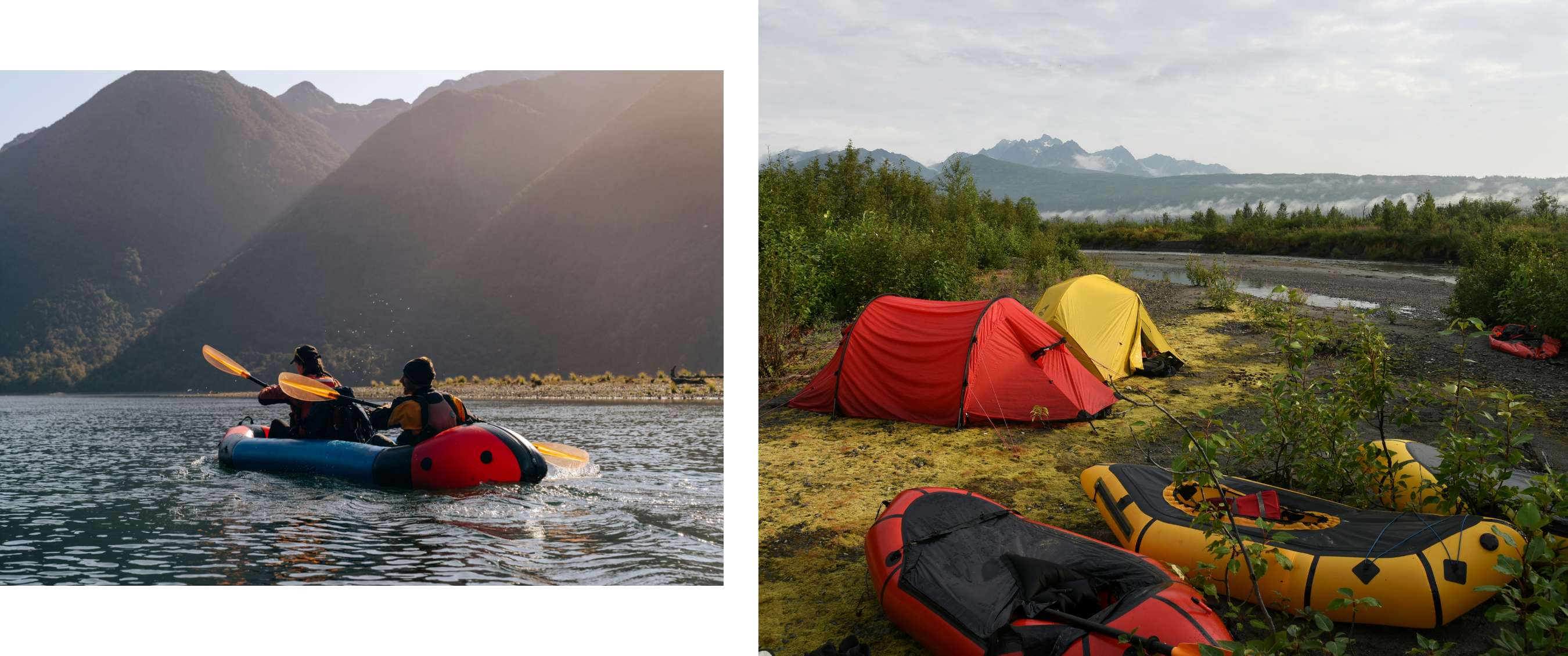 Photo de gauche <Deux personnes en packrafts bleu et orange pagaient sur un lac entouré de montagnes boisées.>; Photo de droite <paxson-woelber-WKncmqLX8OY-unsplash.jpg : Deux tentes, une rouge et une jaune, installées au bord d’une rivière avec deux packrafts, devant des montagnes embrumées.>