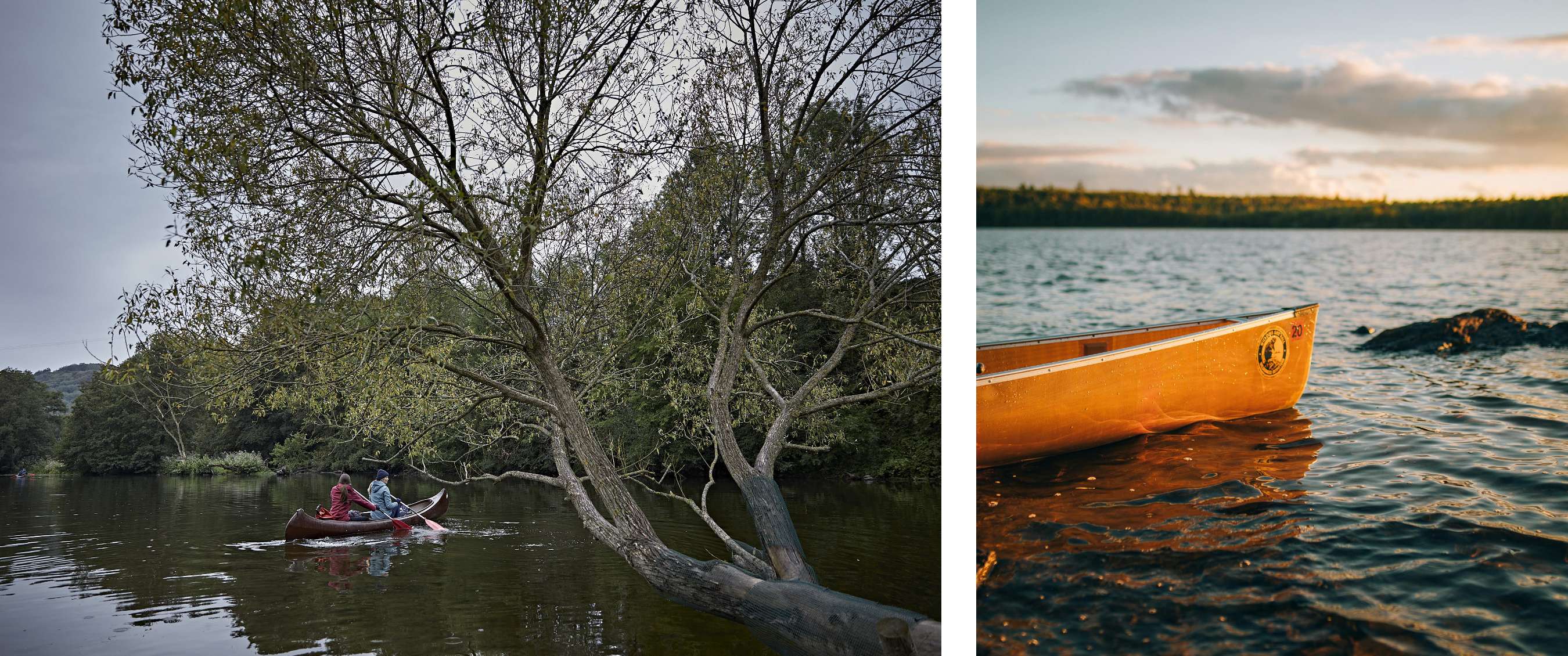 Photo de gauche <Deux personnes pagaient dans un canoë rouge sous une branche d’arbre sur une rivière calme.>; Photo de droite <Un canoë orange est à moitié dans l’eau au moment du coucher du soleil sur un lac aux rives rocheuses.>