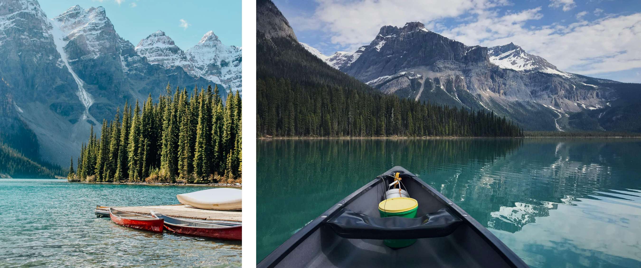 Photo de gauche <Des canoës rouges reposent sur une jetée en bois, avec en arrière-plan des sommets montagneux enneigés.>; Photo de droite <Une vue depuis un canoë sur un lac de montagne aux eaux bleues et limpides, avec des sommets enneigés.>