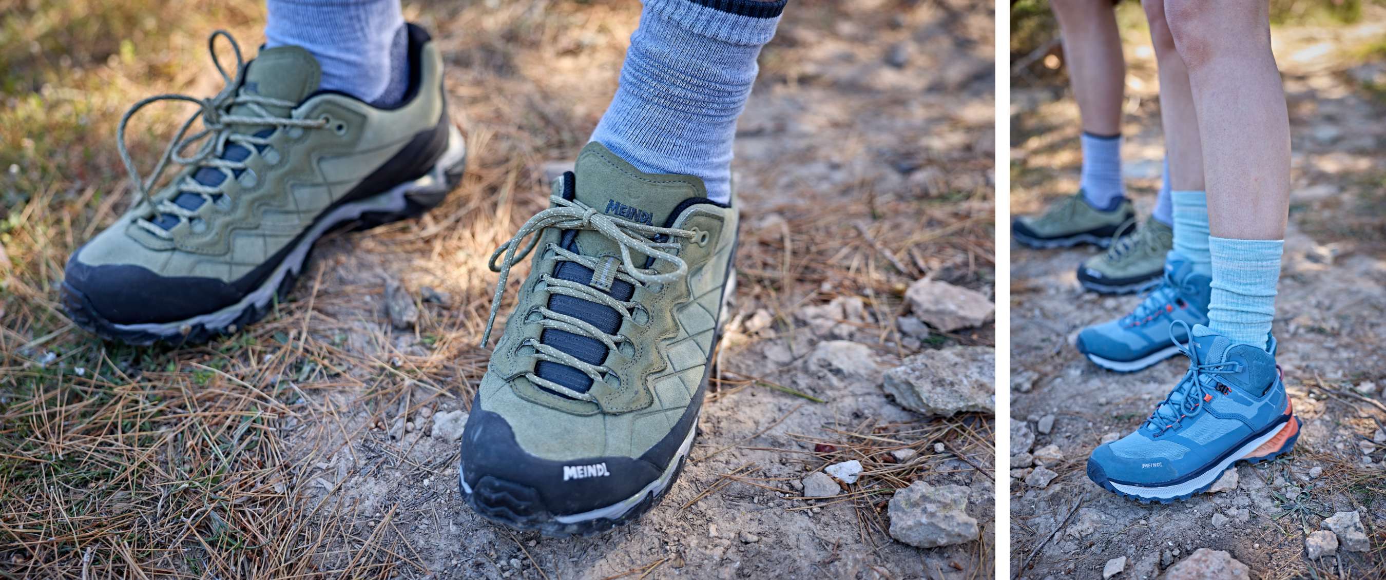 Groene wandelschoenen met zwarte neusbescherming staan op aarde en dennennaalden.