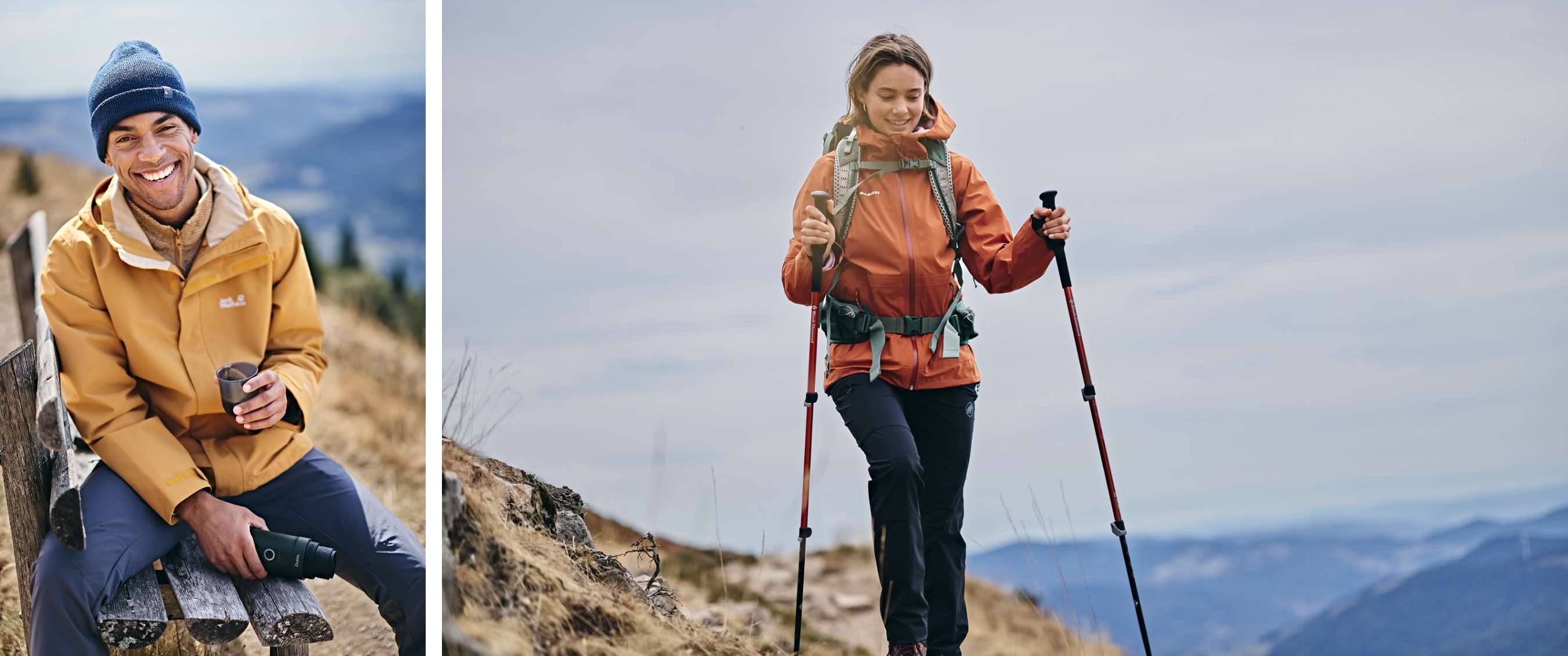 Une femme avec un sac à dos et une veste de pluie orange avance sur un sentier rocheux sous un ciel couvert.