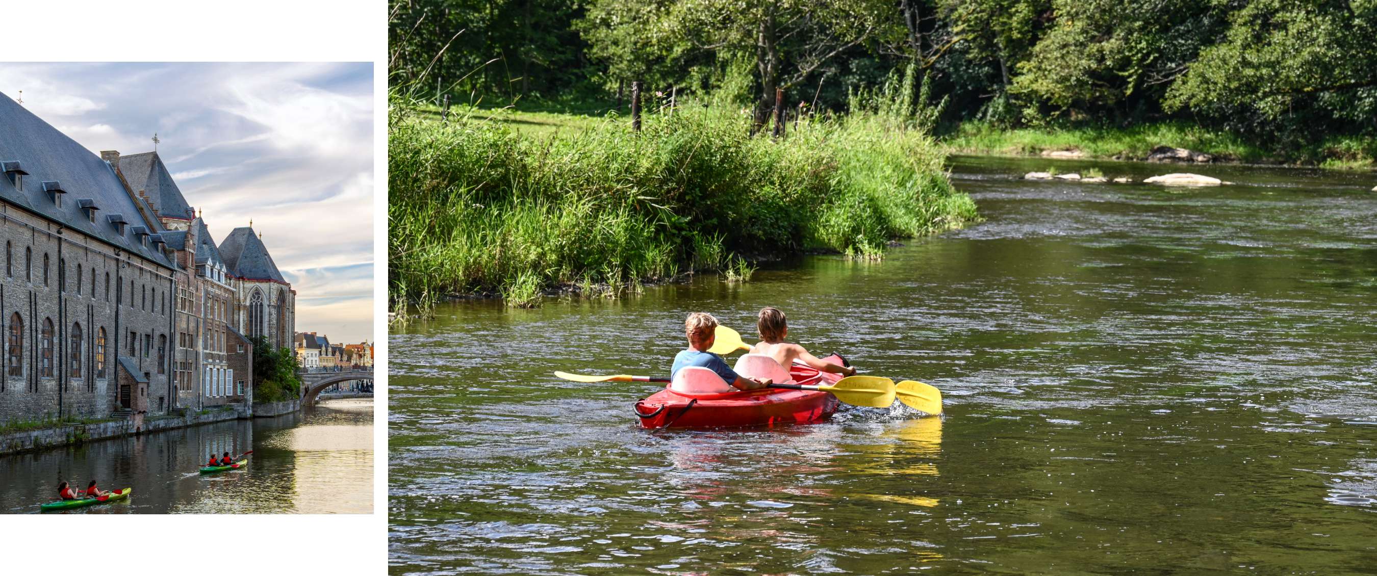 Deux images : des kayakistes sur un canal urbain ; deux personnes en kayak rouge sur une rivière verte.