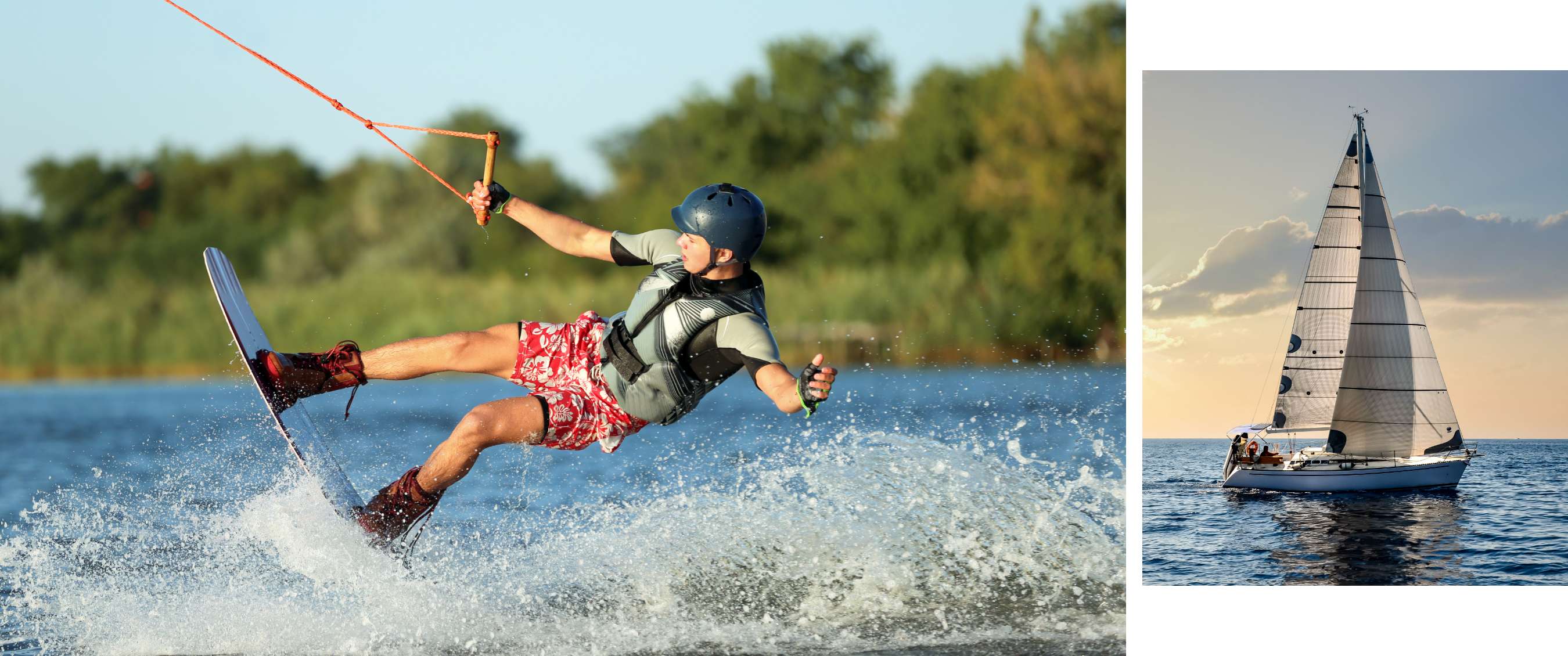 Deux images : un wakeboardeur au-dessus des éclaboussures ; un voilier à grande voile blanche en mer.