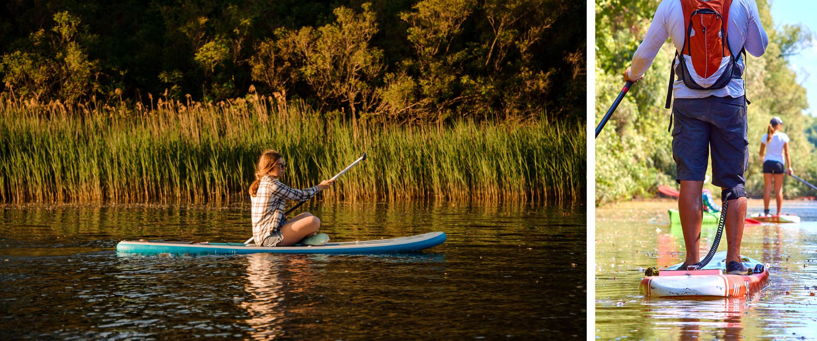 Deux images : une personne pagaye assise sur un paddle ; deux personnes font du paddle sur une rivière étroite.