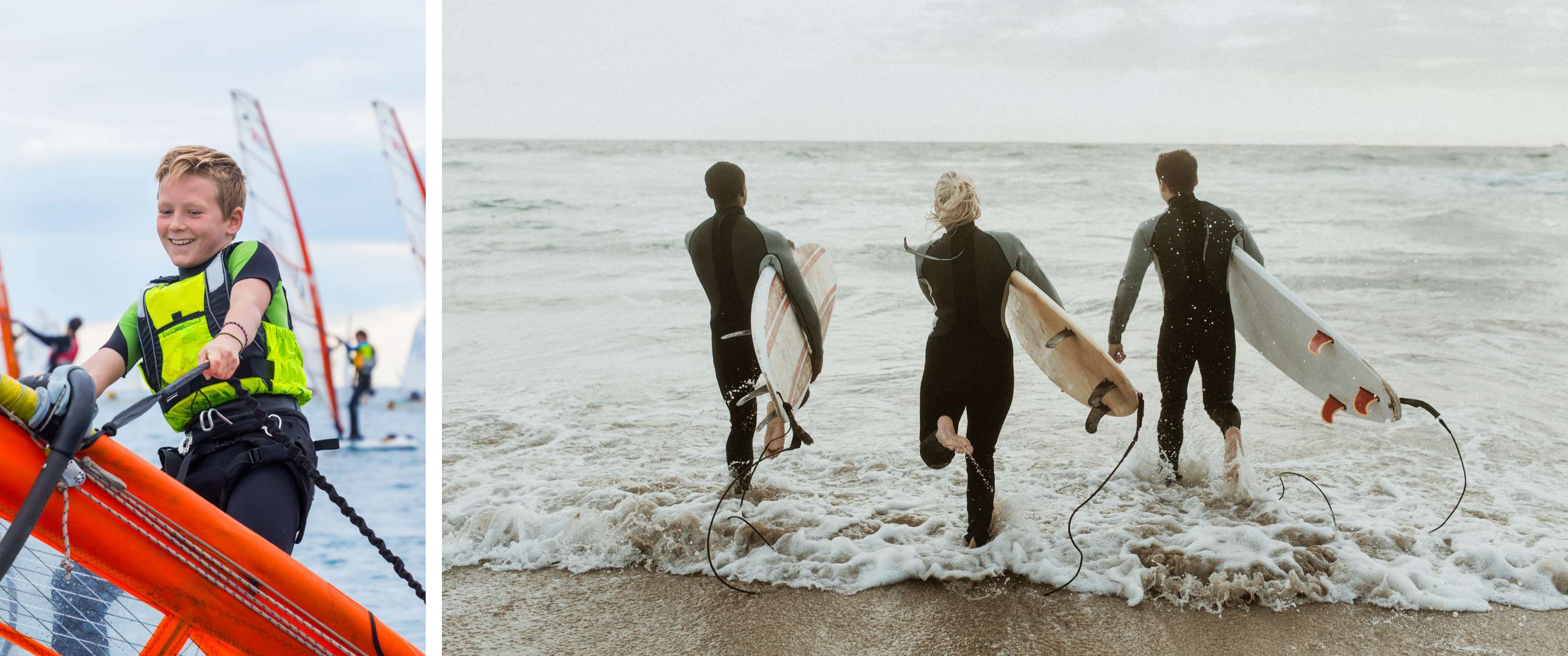 Deux images : un enfant souriant sur une planche à voile ; trois surfeurs entrent dans la mer avec leurs planches.