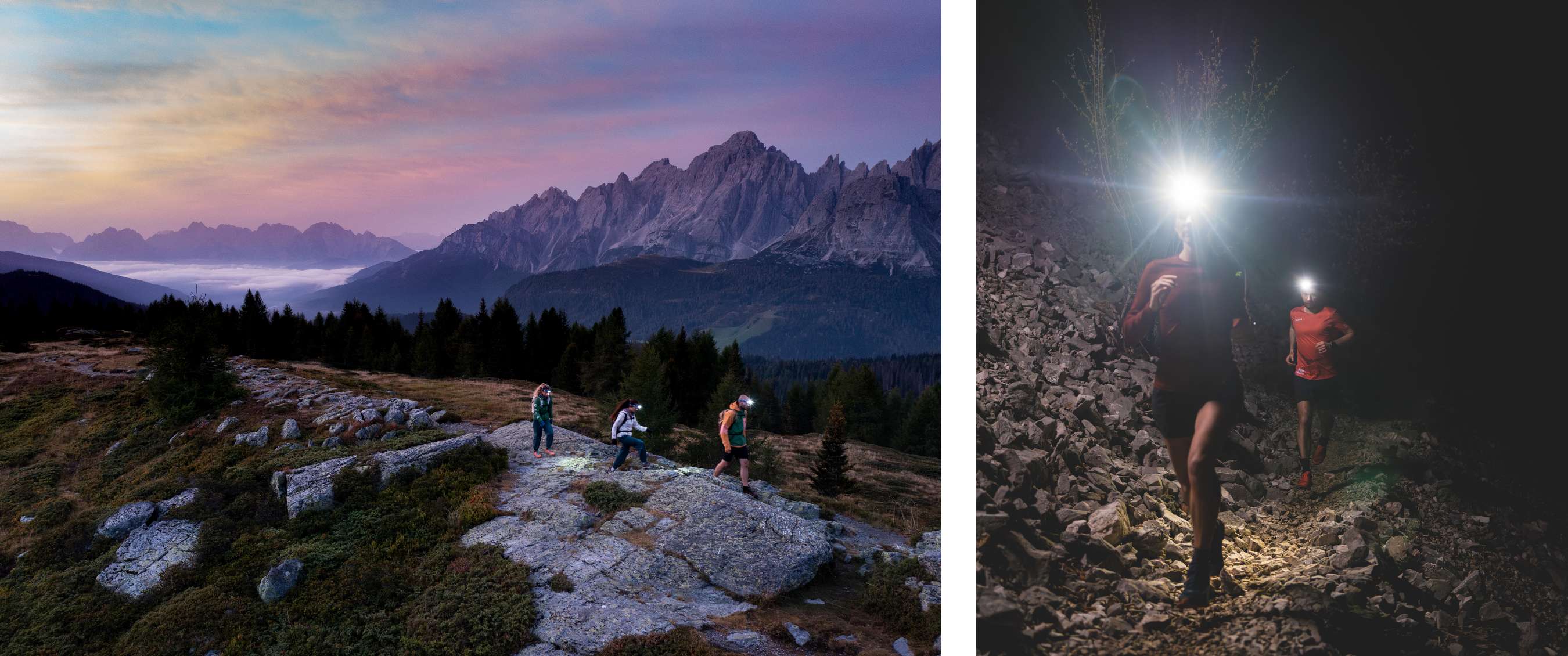 Wandelaars met hoofdlampen trekken door een bergachtig landschap bij zonsopkomst en lopen later in het donker over een rotsachtig pad.