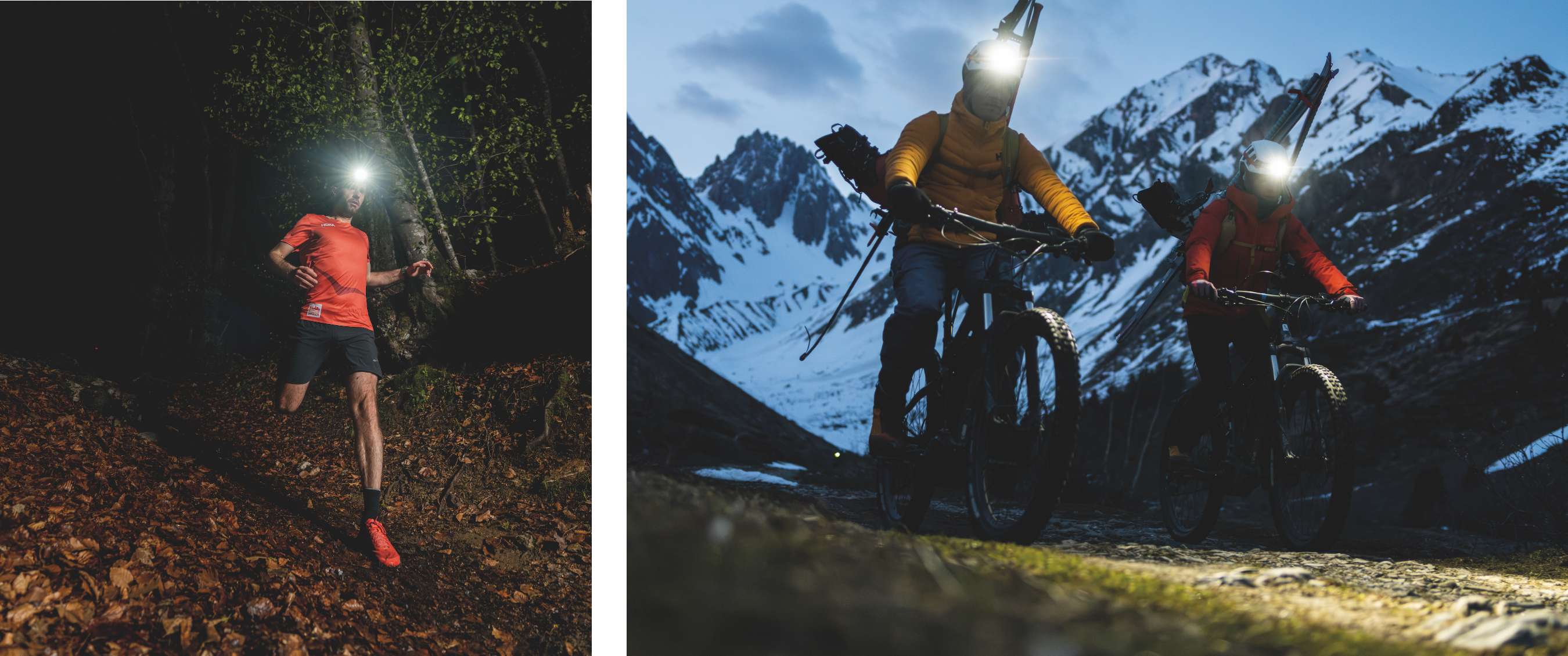 Nachtlopers met hoofdlampen rennen door een bos en fietsen door besneeuwde bergen bij ochtendschemering.