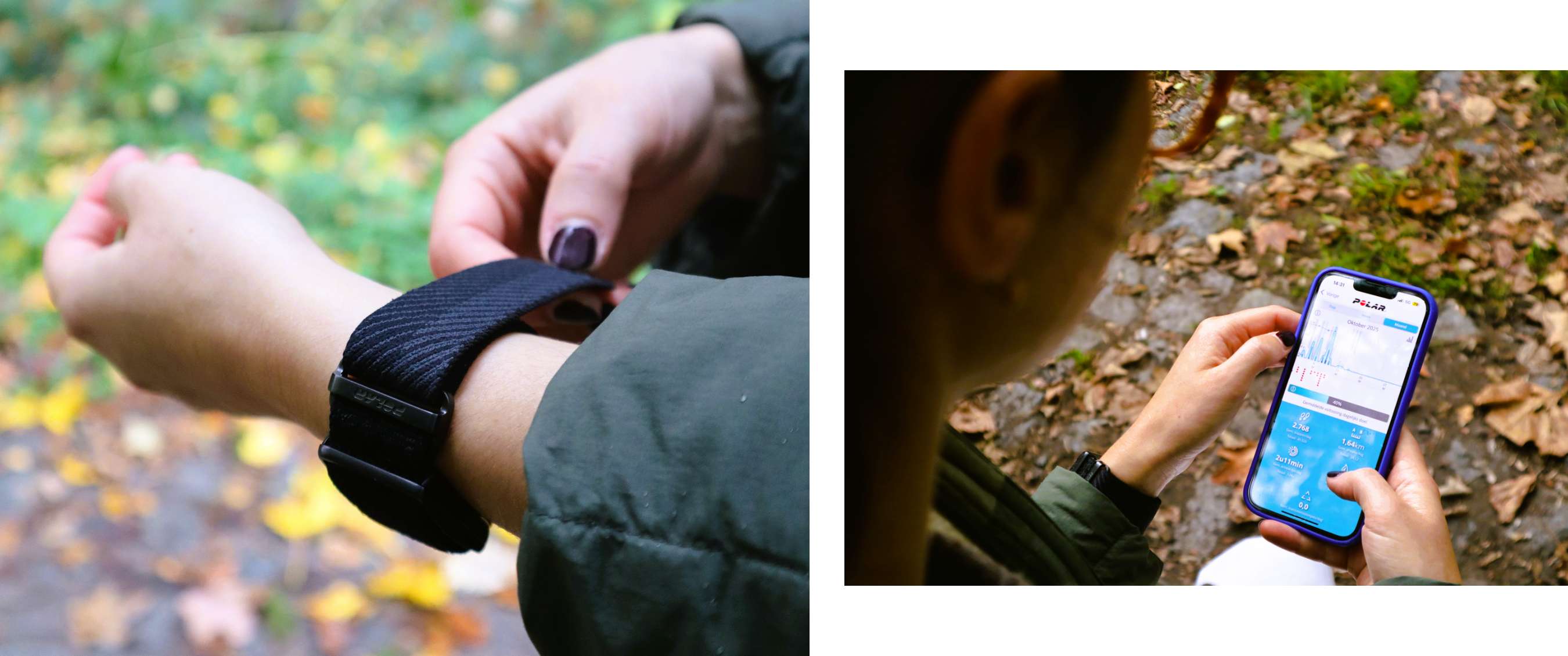 Deux images : Catoo ajuste le bracelet d’activité Polar Loop noir à son poignet pendant une promenade automnale et consulte ensuite son activité dans l’application Polar Flow sur son smartphone.