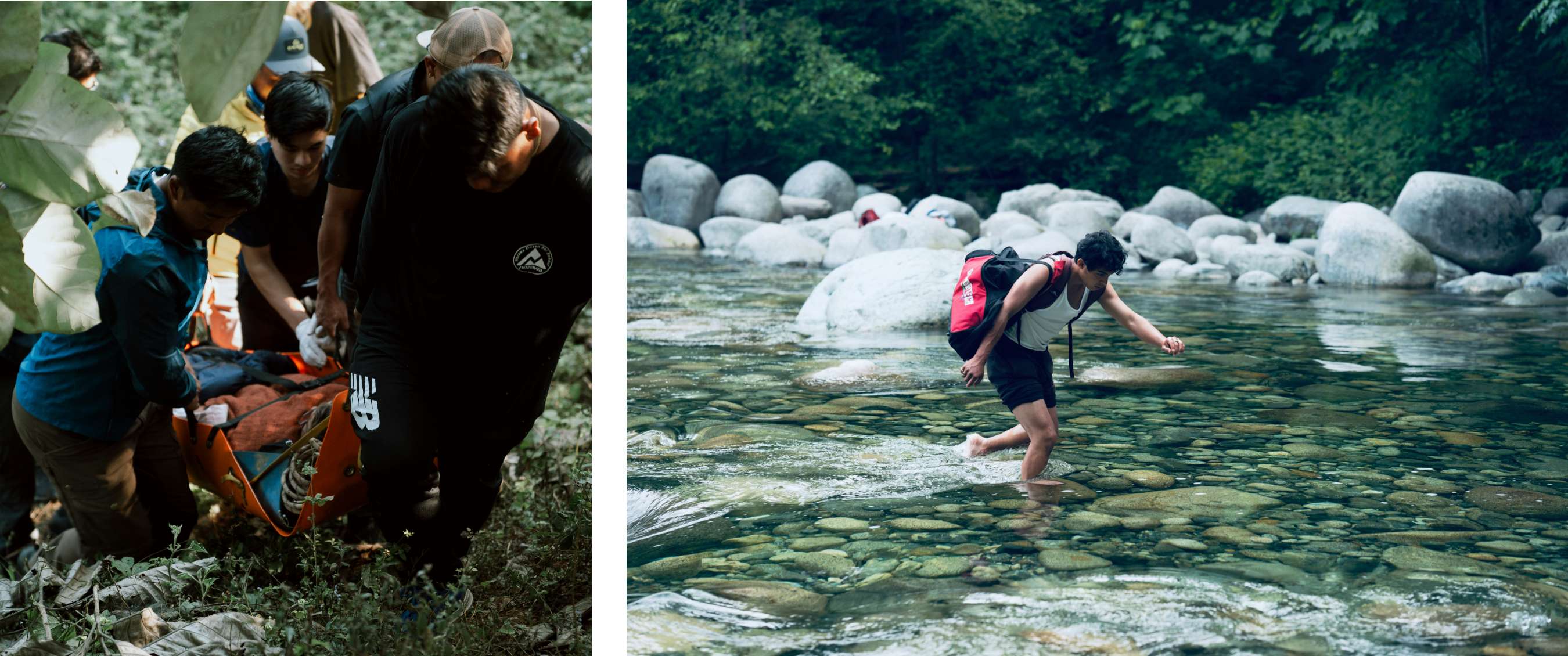 Twee beelden: helpers die samenwerken rond een brancard in vegetatie; een reiziger die met rugzak door helder water tussen grote rotsen loopt.