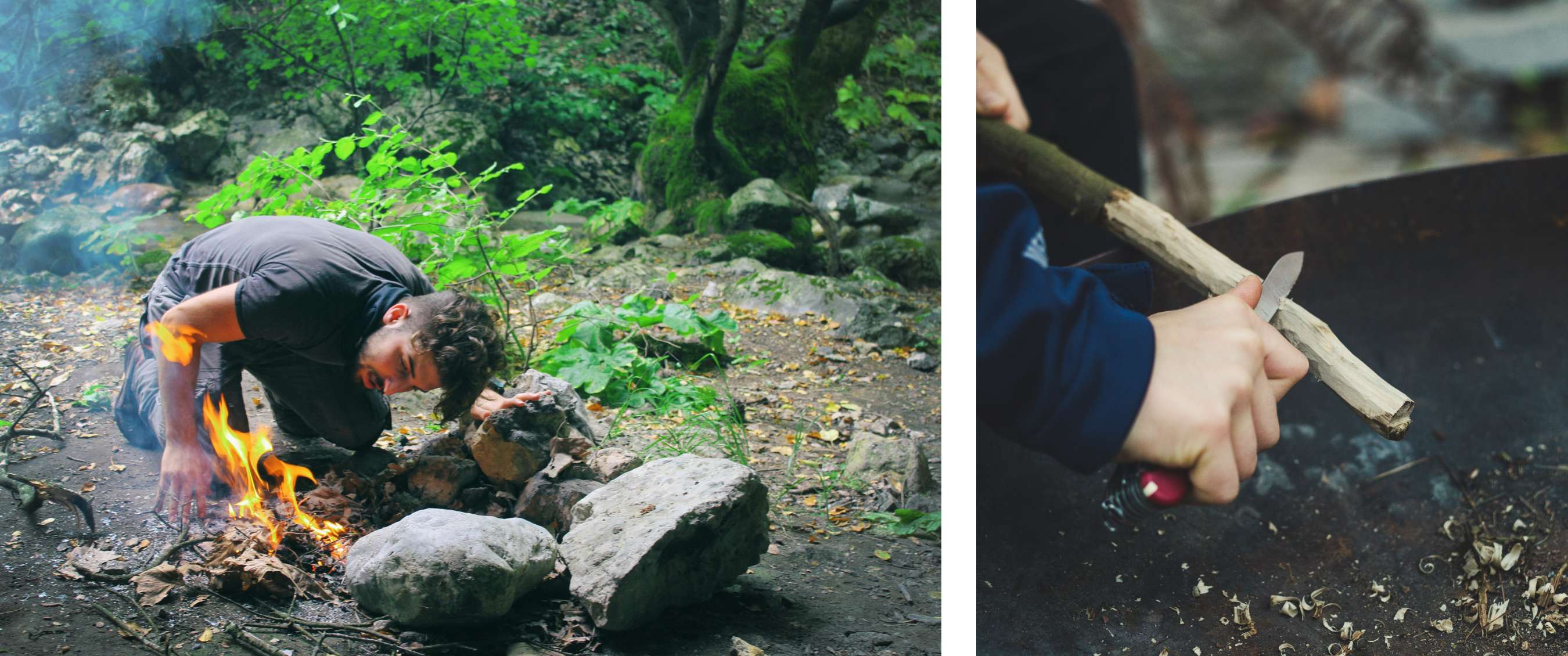 Twee beelden: een man die een kampvuur aanwakkert tussen stenen in een bos; close-up van handen die een stuk hout snijden met een mes.