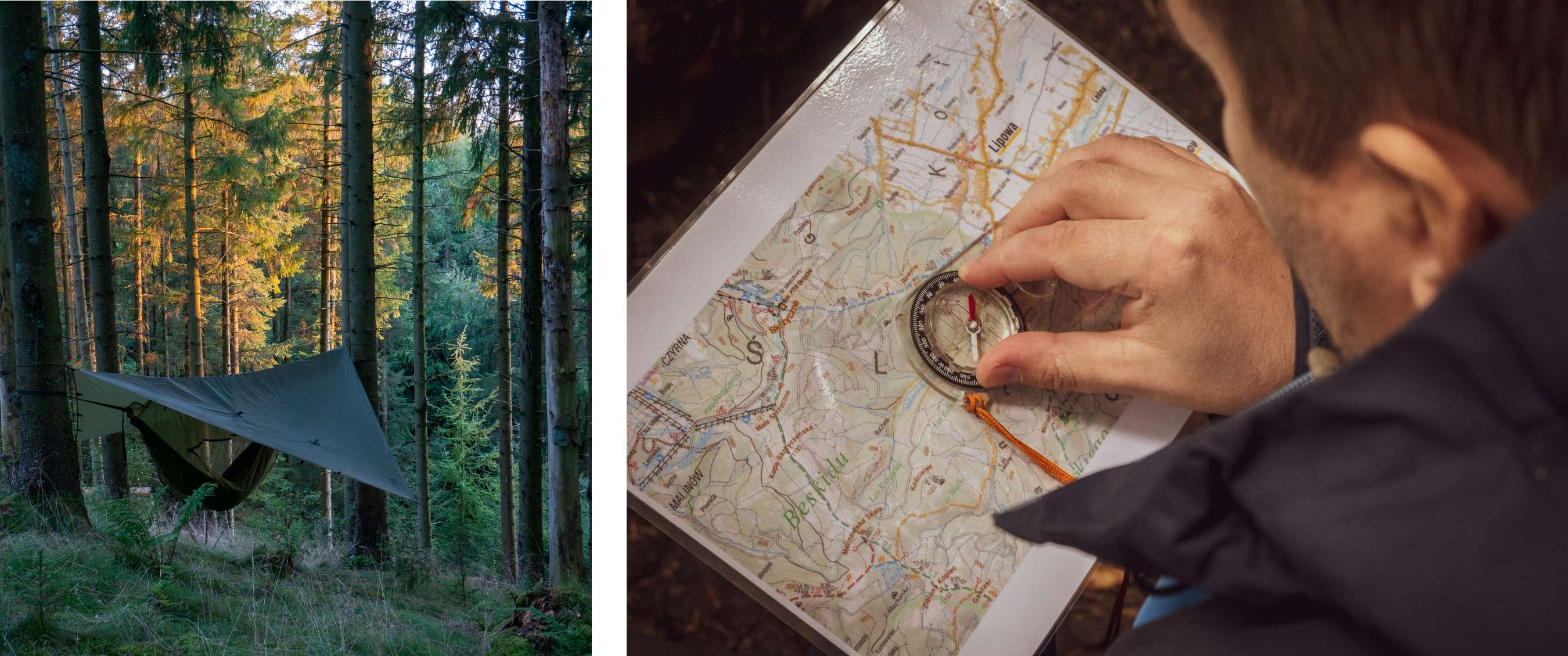 Twee beelden: kampeeropstelling met hangmat onder een zeil in dicht bos; close-up van handen die navigeren met kaart en kompas.