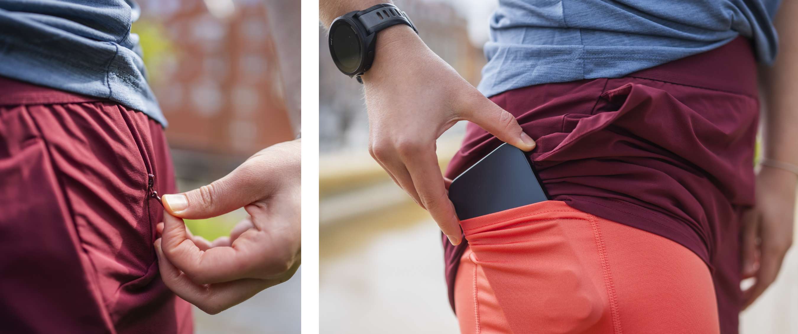 Twee beelden: hand opent een ritszak in een hardloopshort; hand steekt smartphone in een dijzak.