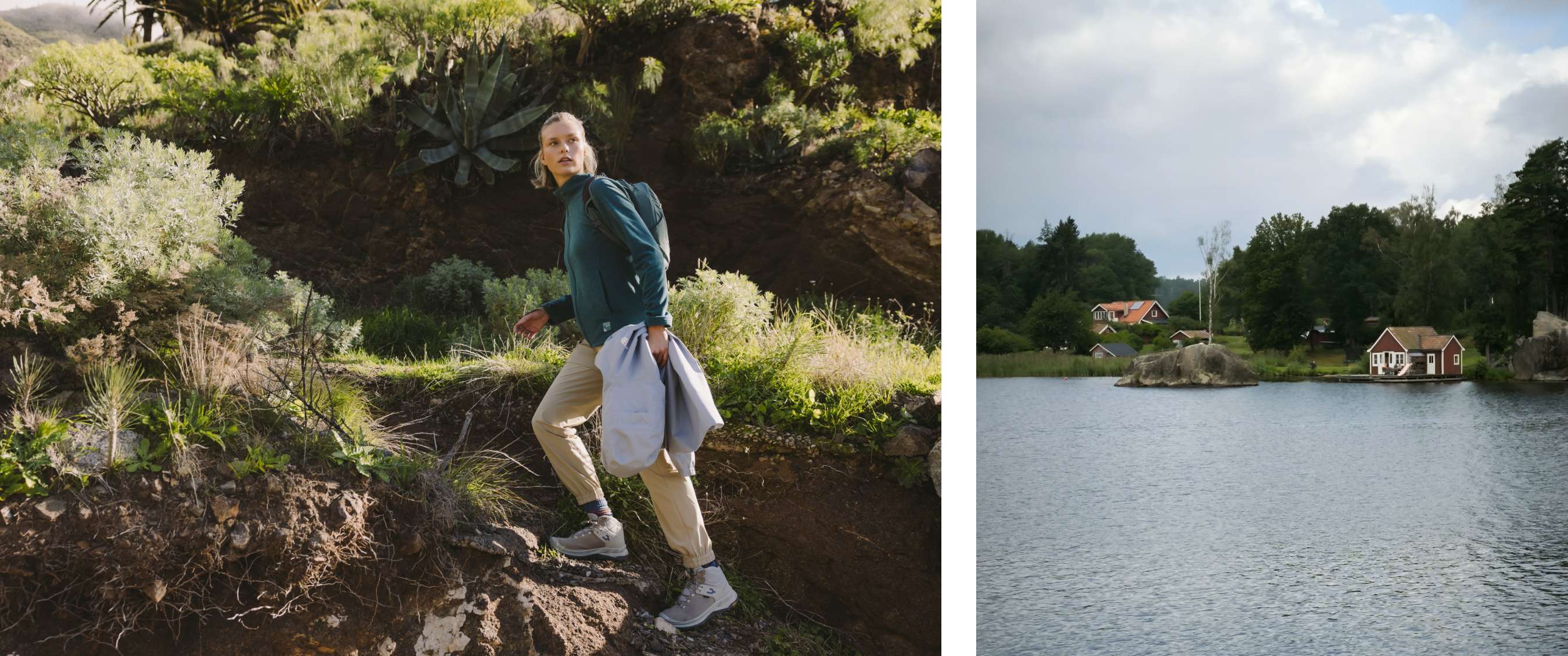 Twee beelden: wandelaar met rugzak op rotsachtig pad in groen berglandschap; rustig meer met kleine rode huisjes aan de bosrand.