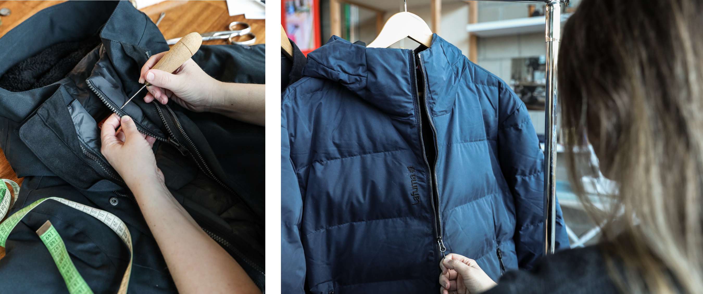 Twee beelden: close-up van herstelwerk aan een jasrits; een blauwe donsjas die wordt gecontroleerd aan een kledingrek.