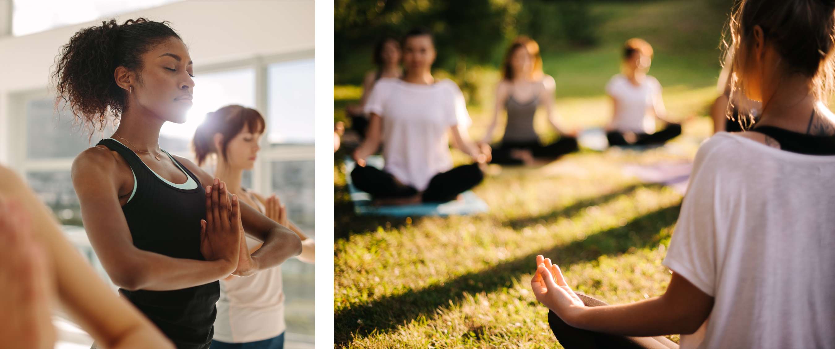 Deux images : participante aux yeux fermés pendant une séance calme en intérieur ; personnes méditant dehors sur des tapis dans un parc.