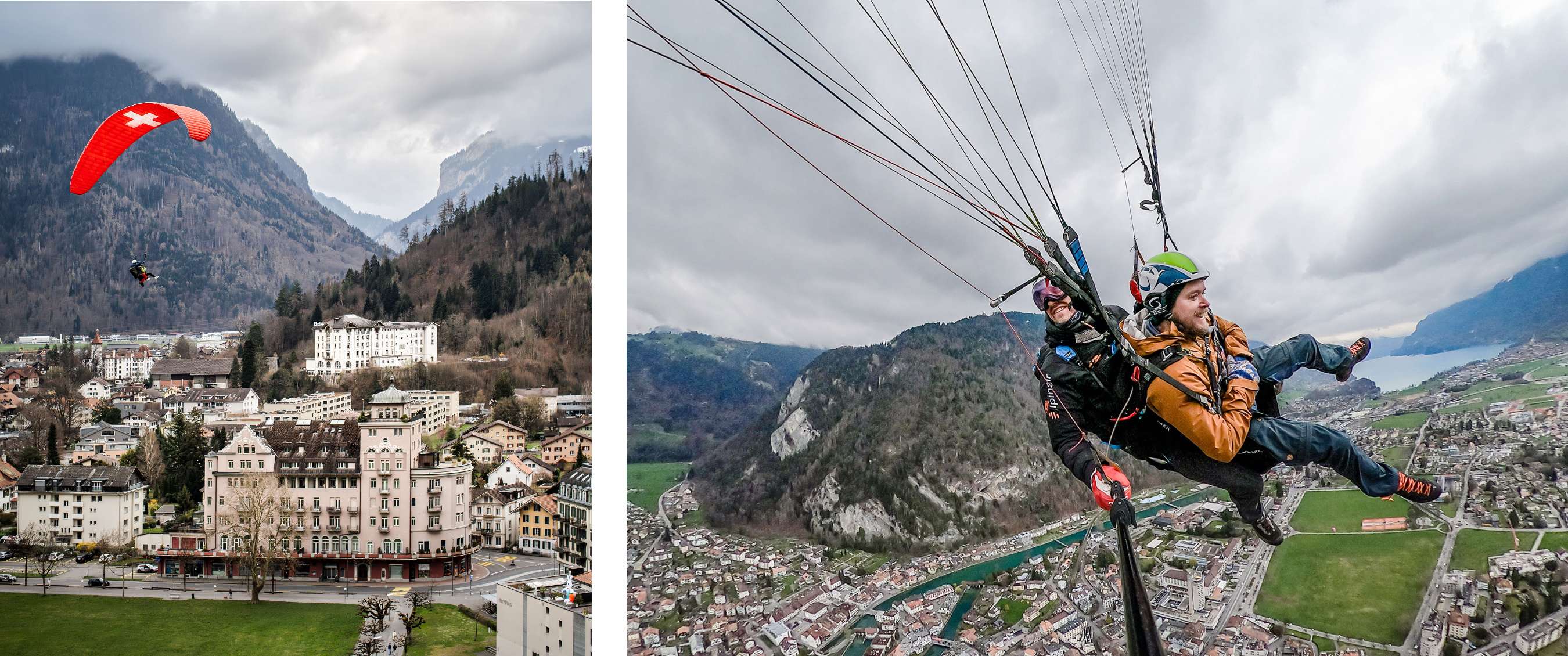 Deux images : Un parapentiste avec une voile rouge survole un village suisse de montagne. Deux personnes font du parapente en tandem au-dessus d’une vallée avec vue sur les montagnes et le lac.