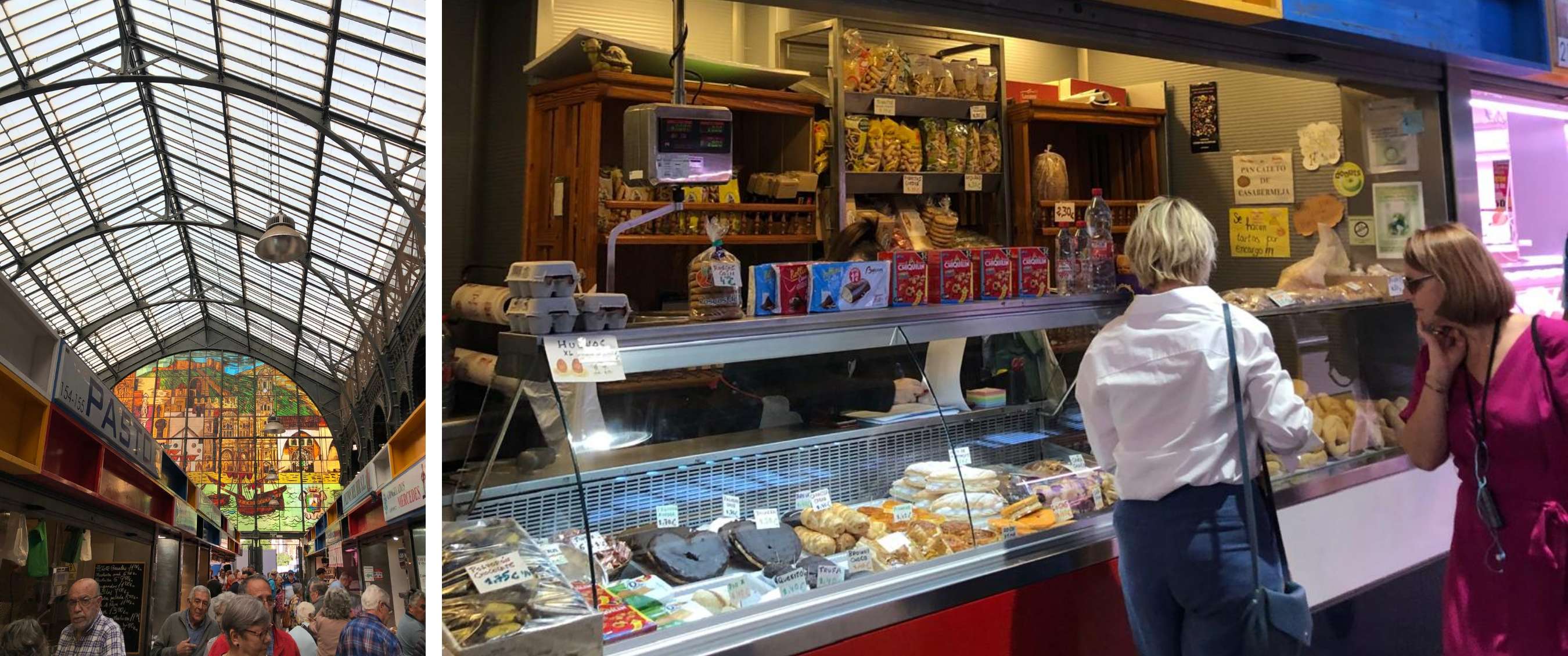Two images: covered market with a glass roof; stall marked “Panadería y Confitería Ntra. Sra. del Socorro”.