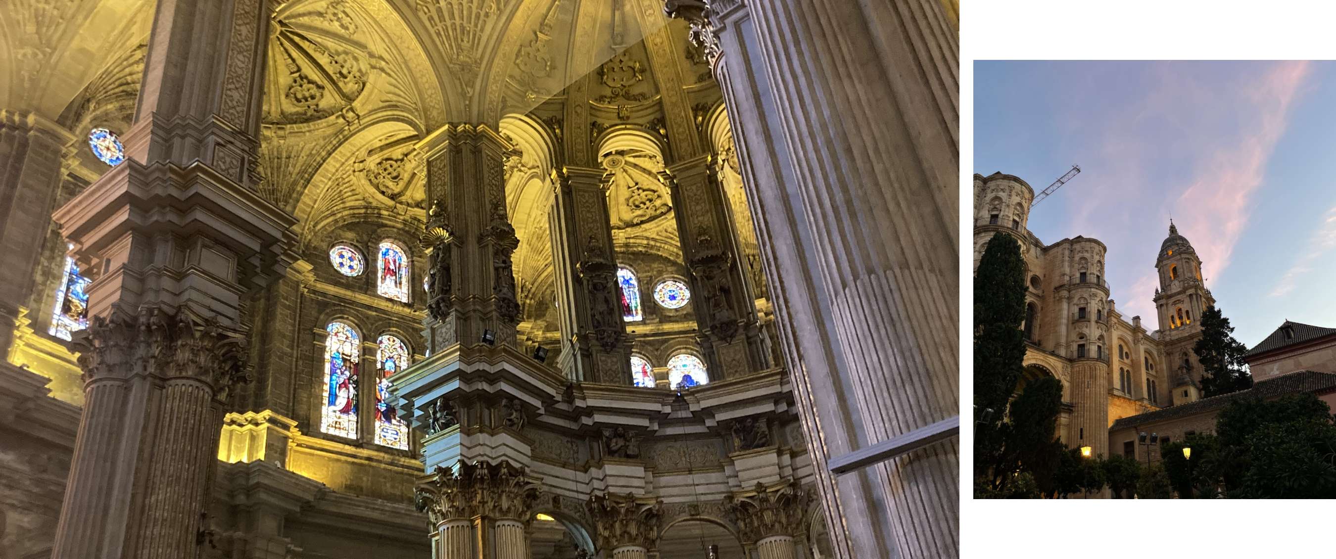 Two images: richly decorated cathedral interior; Málaga Cathedral tower in the evening light.