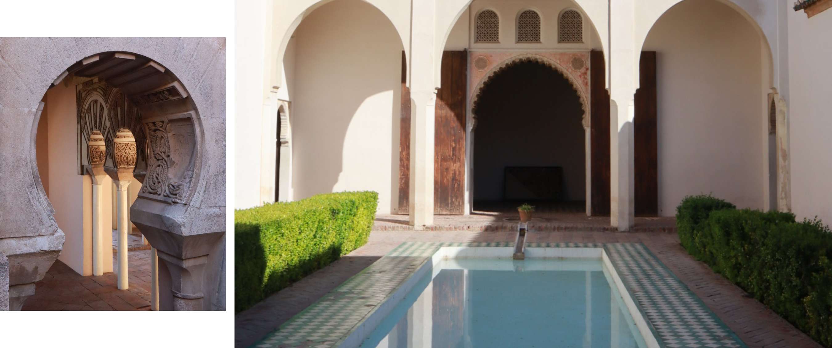 Two images: carved capitals in a passage; rectangular pool in a sunlit courtyard.