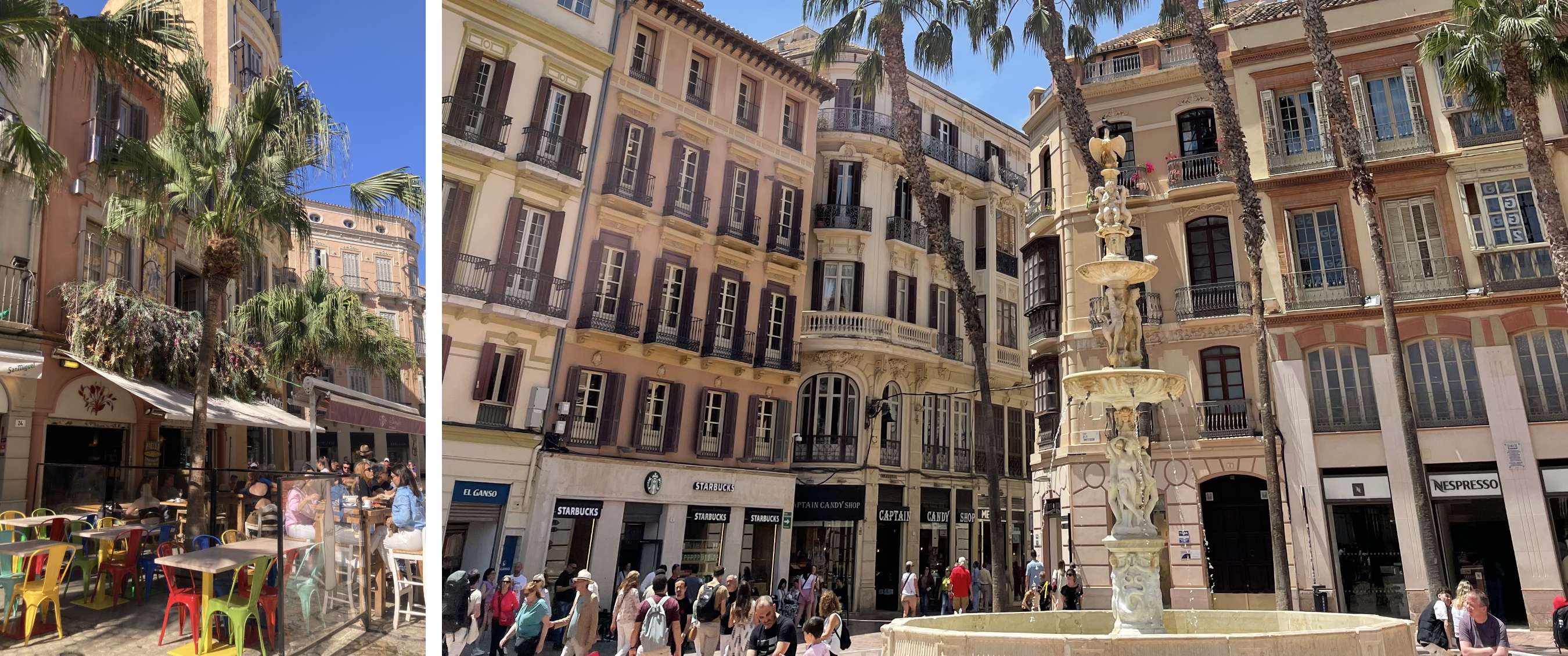 Two images: restaurant terrace on a palm-lined street; city square with a fountain and shops.