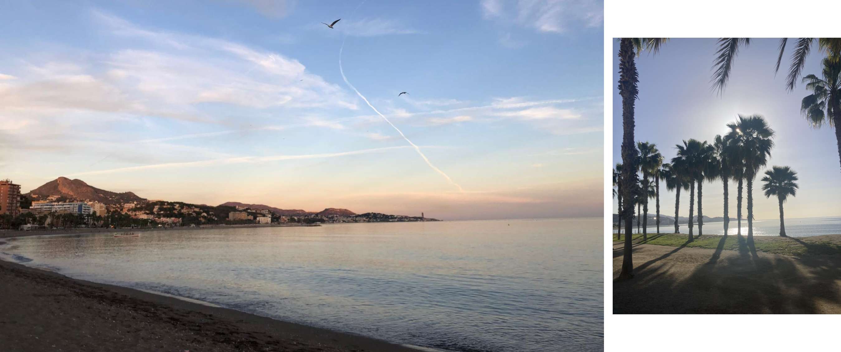 Two images: sunny urban beach with many visitors; empty shore and mountains in warm evening light.