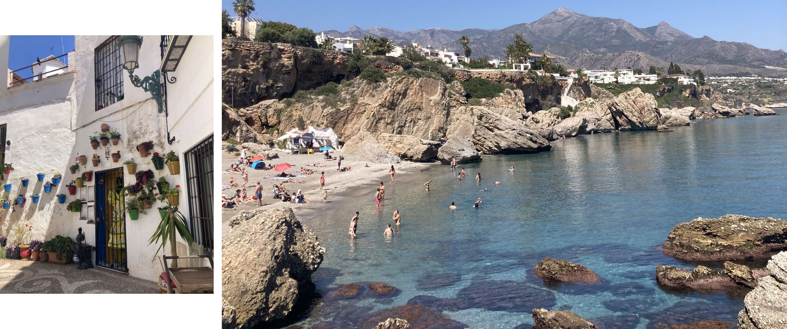 Two images: narrow street with white façades and flowers; clear seawater between rocks and a beach.