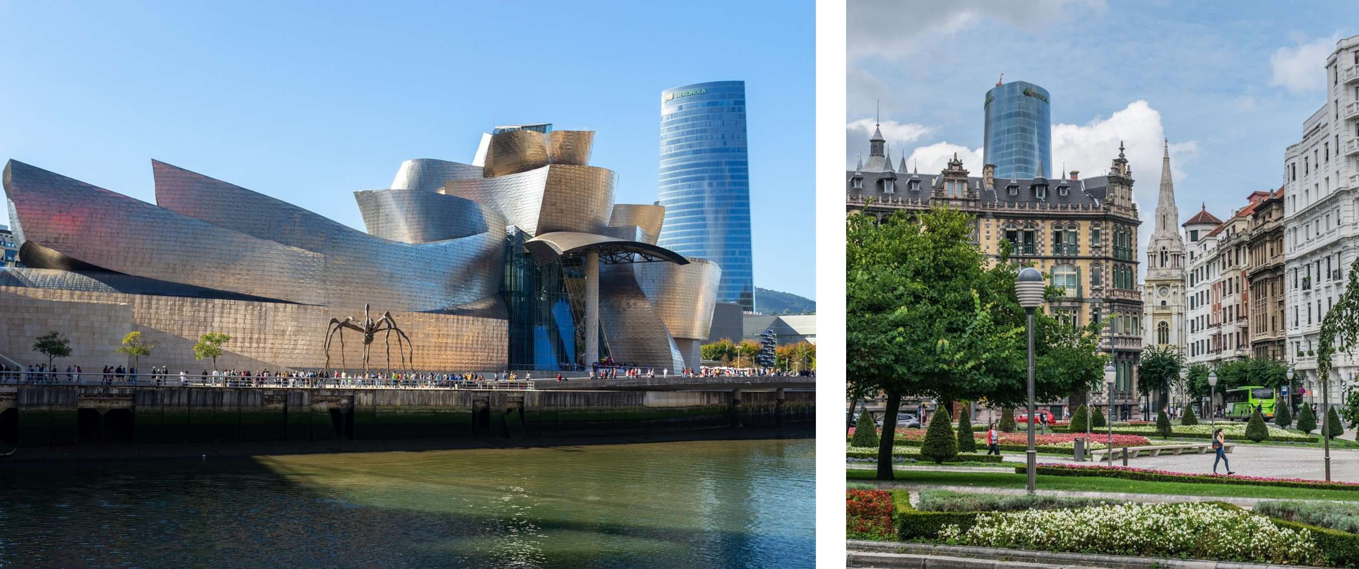 Twee beelden: het moderne, metalen museumgebouw aan de rivier en een groene stadsparkzone met historische gevels.