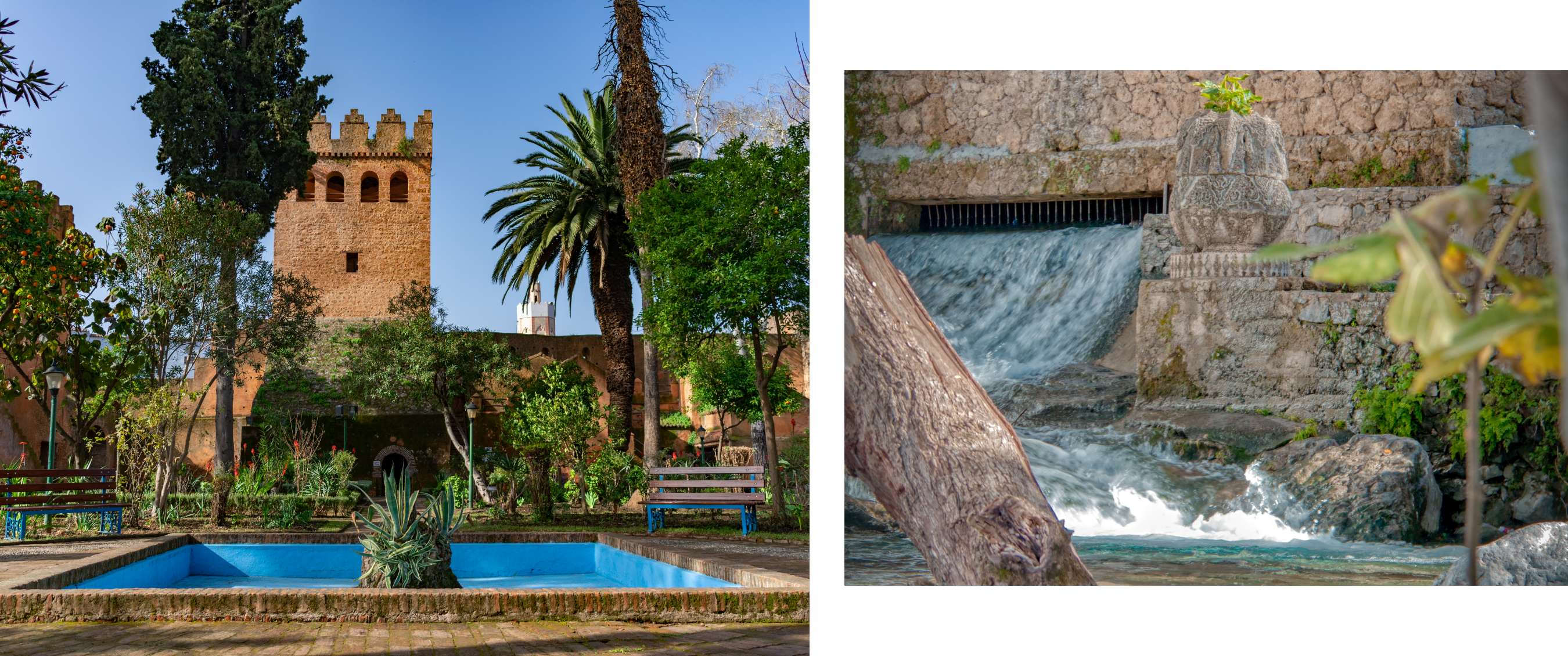 Twee beelden: historische tuinelementen met oranje muur en een waterval die langs rotsen stroomt.