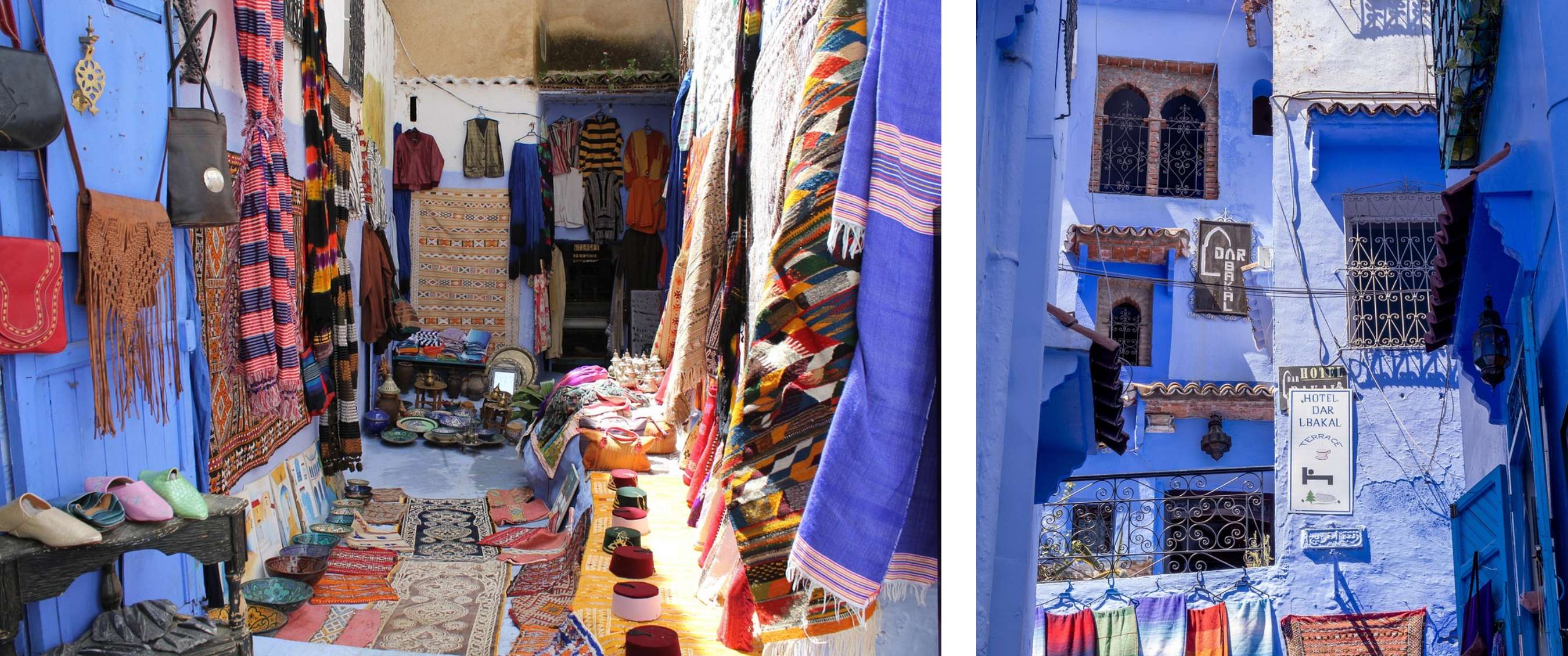 Twee beelden: tapijten, tassen en keramiek in een blauwe steeg en een felblauw gebouw met balkons.