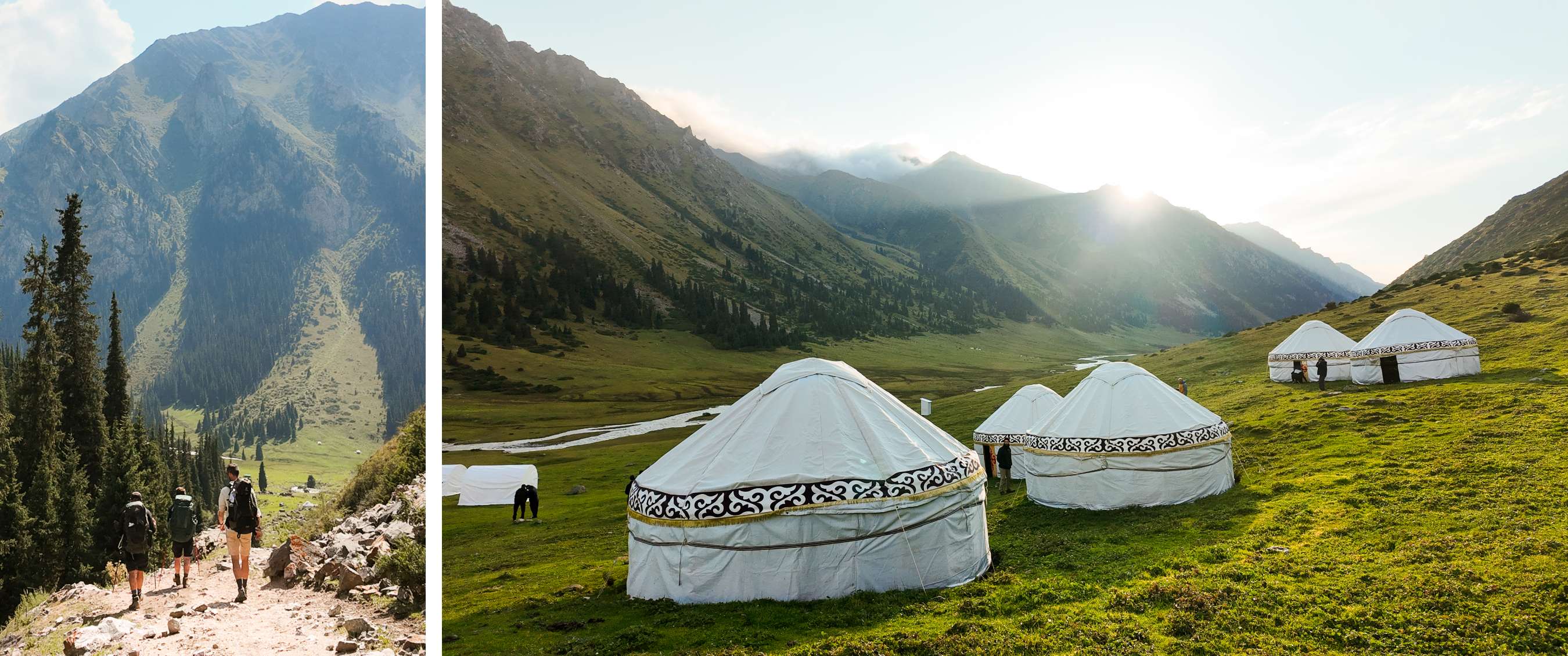 Twee beelden: wandelaars dalen af in de bergen; witte yurts staan in een groene bergvallei.