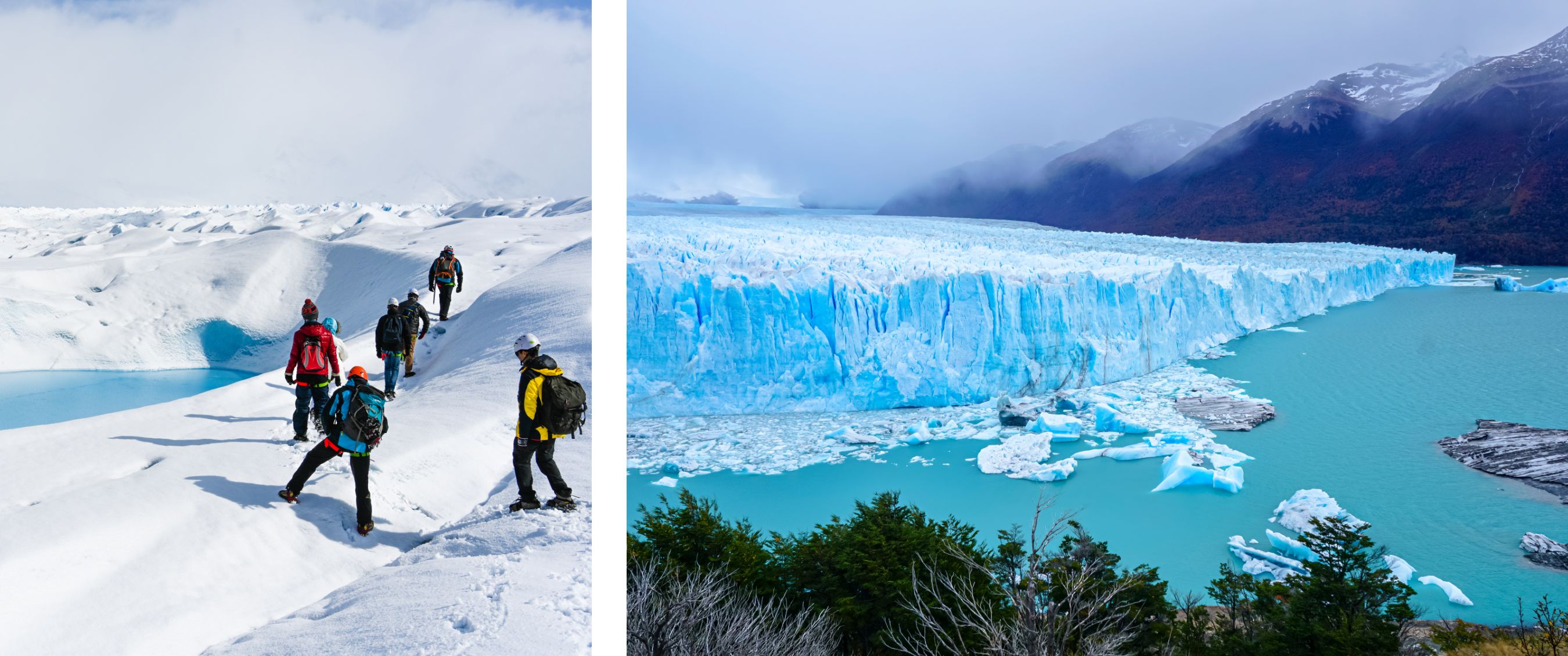 beeld links: groep wandelaars met uitrusting loopt over een besneeuwde gletsjer met helderblauw smeltwater; beeld rechts: massieve ijswand van gletsjer aan turquoise meer met drijvende ijsblokken.