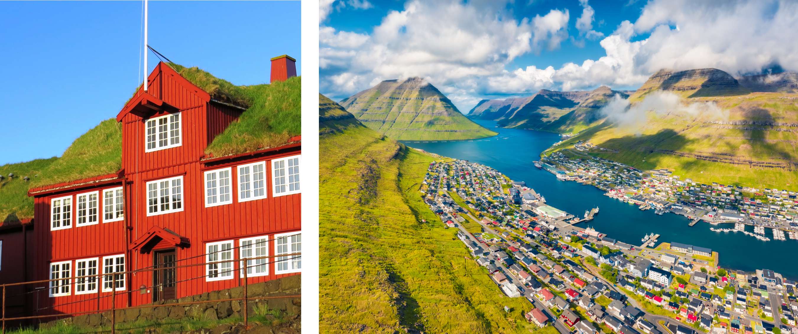 Twee beelden: rood houten huis met groene dakbegroeiing; kleurrijke nederzetting langs een fjord tussen berghellingen.