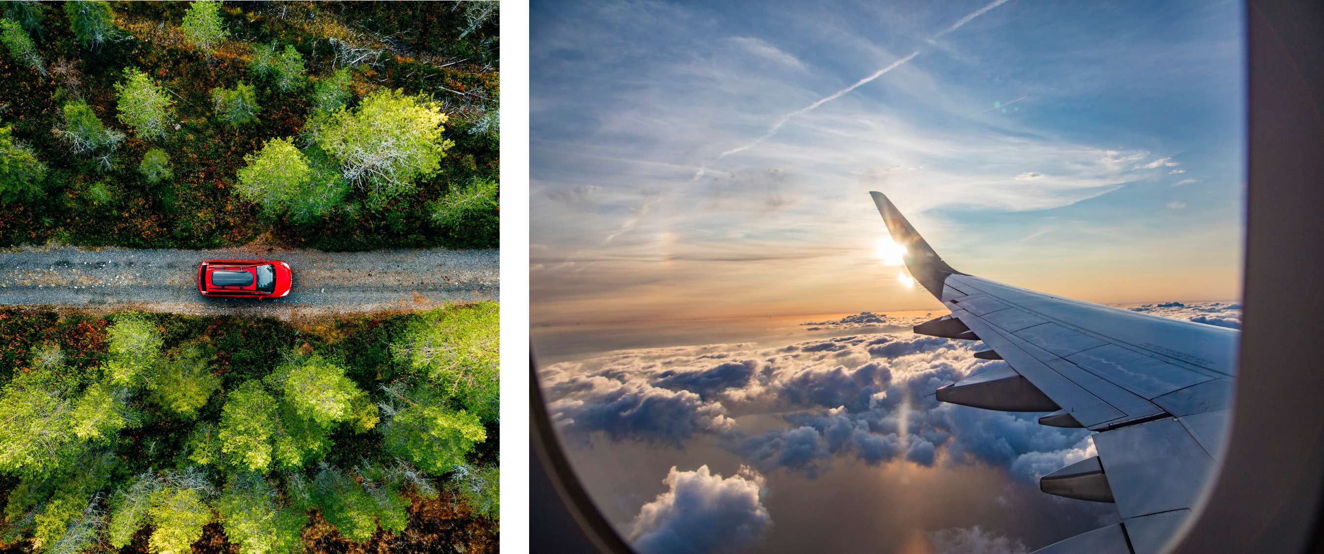 Deux images : voiture rouge sur une route étroite à travers une forêt vue du dessus ; aile d’avion au-dessus des nuages au soleil couchant