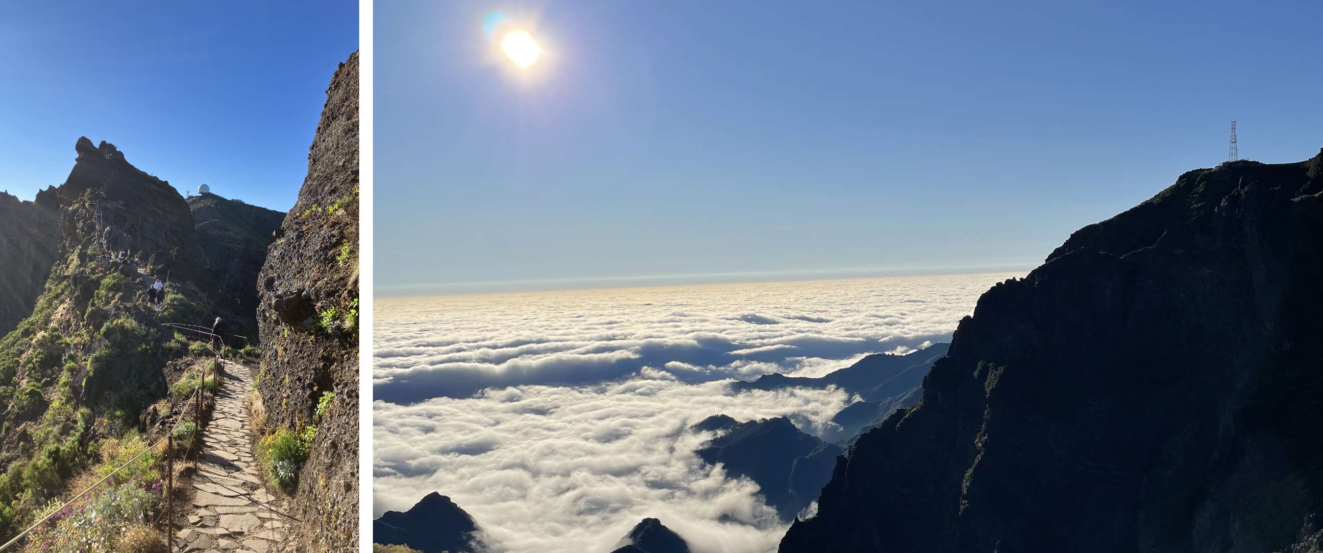 Twee beelden: bergpad met reling; uitzicht op wolkenlaag tussen hoge bergen